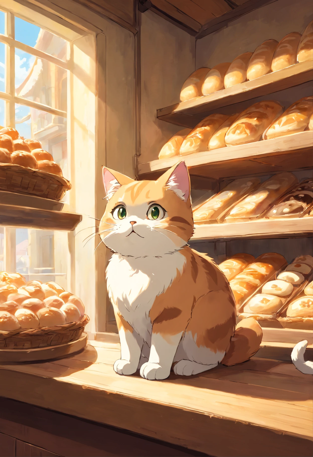 A round-eyed cute cat, At the bakery , Sunlight outside the window.