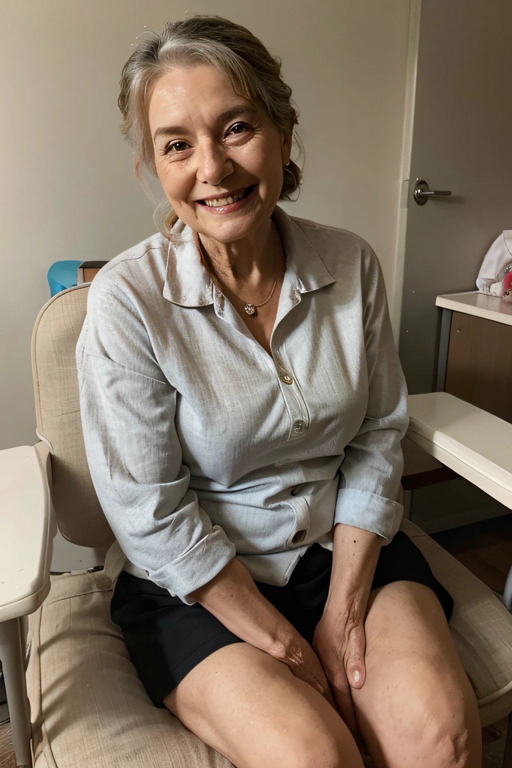 a beautiful smiling 80 year old lady sitting on a chair in a nursing home