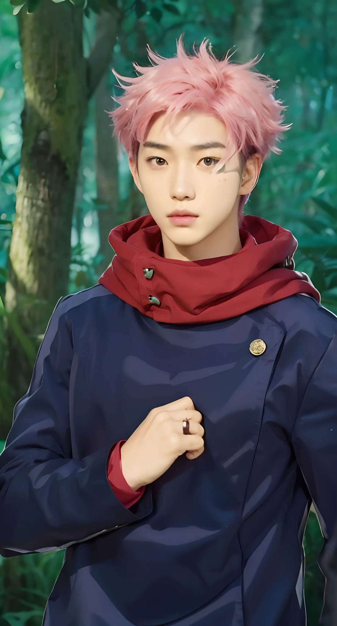 Real life adaption of this character, Korean teen handsome face,looking to viewer,((realistic same very Messy pink hair color in the middle and black color hair in the side)) ,realistic jungle with many grass background, hyper realistic, realistic light, realistic shadow, realism,(photorealistic:1.2), (realistic same outfit),