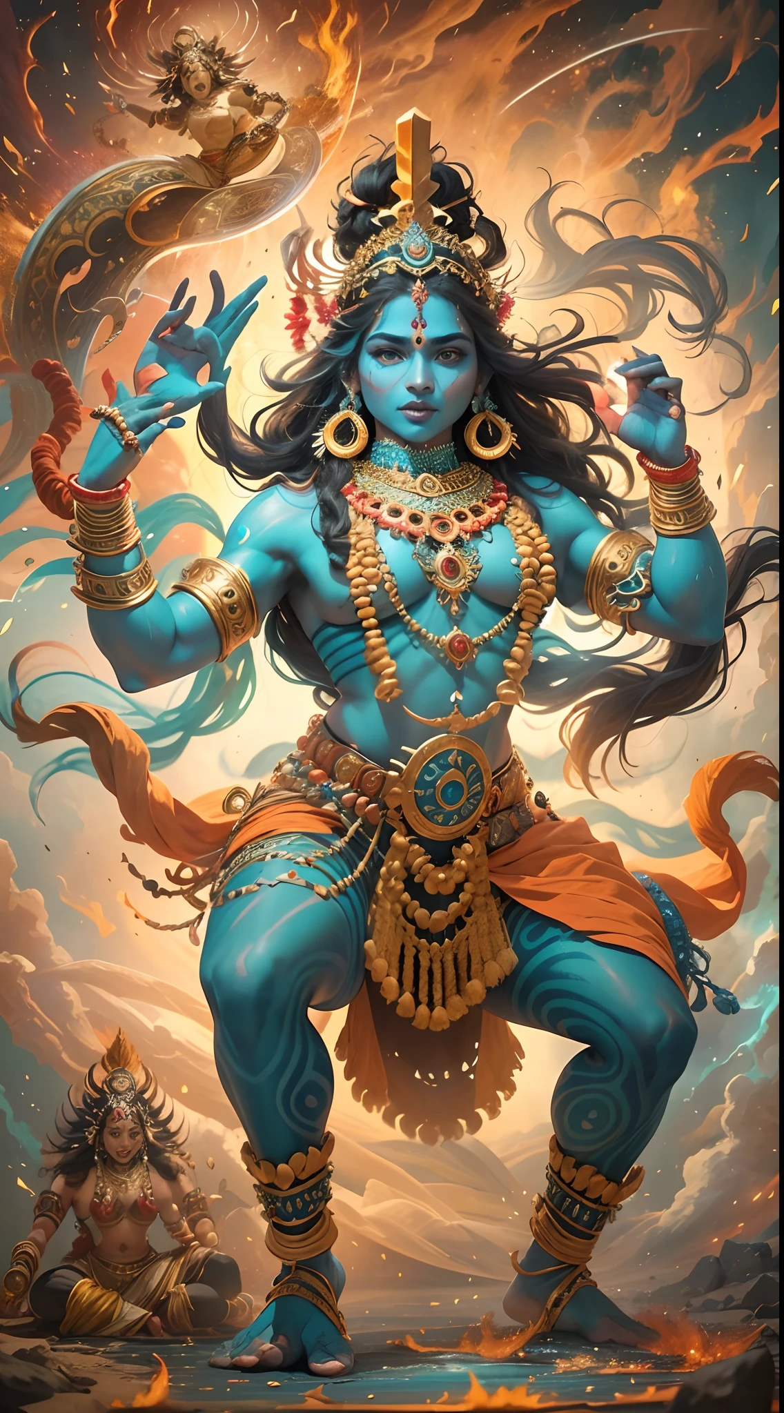 Shiva's Tandawa Dance of Destruction,Traditional Indian art style,Graceful,Energetic,Expressive,Divine,Powerful action,adorned in majestic attire,Complex gestures,strong facial expression,Breathtaking background,Cosmic elements,stunning visuals,Vibrant colors,Mesmerizing lighting,Dynamic composition,Authentic cultural details,Mythological symbolism,positive energy,Divine Intervention,spiritual connection。(Best quality,4K,8K,A high resolution,Masterpiece:1.2),Ultra-detailed,(Realistic,Photorealistic,photo-realistic:1.37),