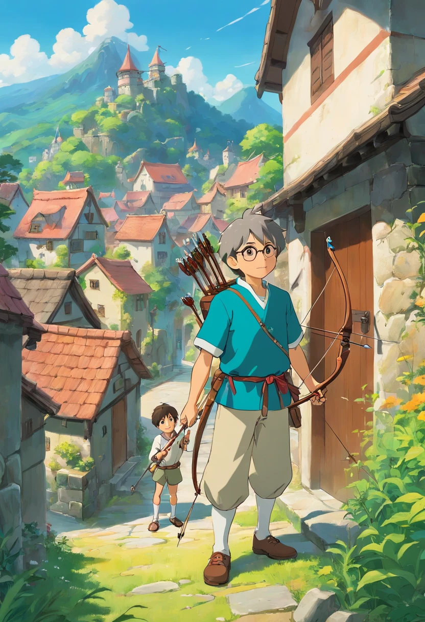 Dad teaches his son archery by hand,The background is the village