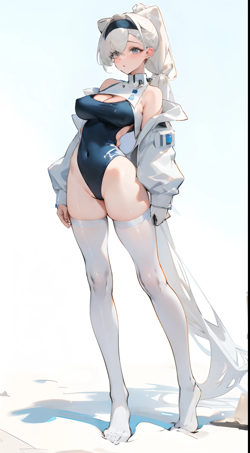 Bigboobs，cropped shoulders，White knee-length stockings，White deep V one-piece swimsuit，High ponytail，Stand up，No shoes on