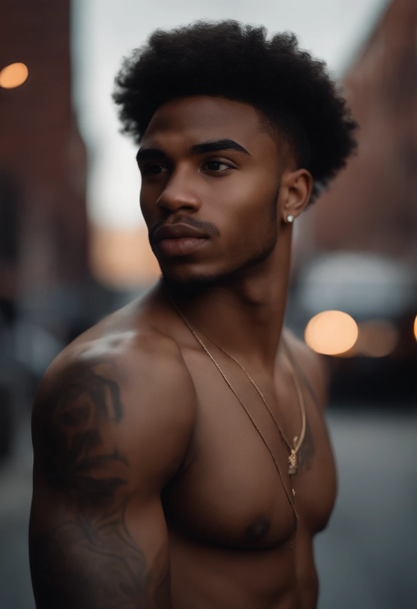 Hyper realistic , ultra detailed, photo of ruggedly handsome African american man, 20 years old, thick masculine eyebrows, big lips, prominent lips, defined lips, tattooed, football player body, Front facing, ultra detailed, ultra accurate detailed, Shot with canon EOS RI camera at 50 mm focal length with a 1.4 aperture. 4k, 8k. Heavy makeup and a coy expression, photo taken on the streets of brooklyn, new york