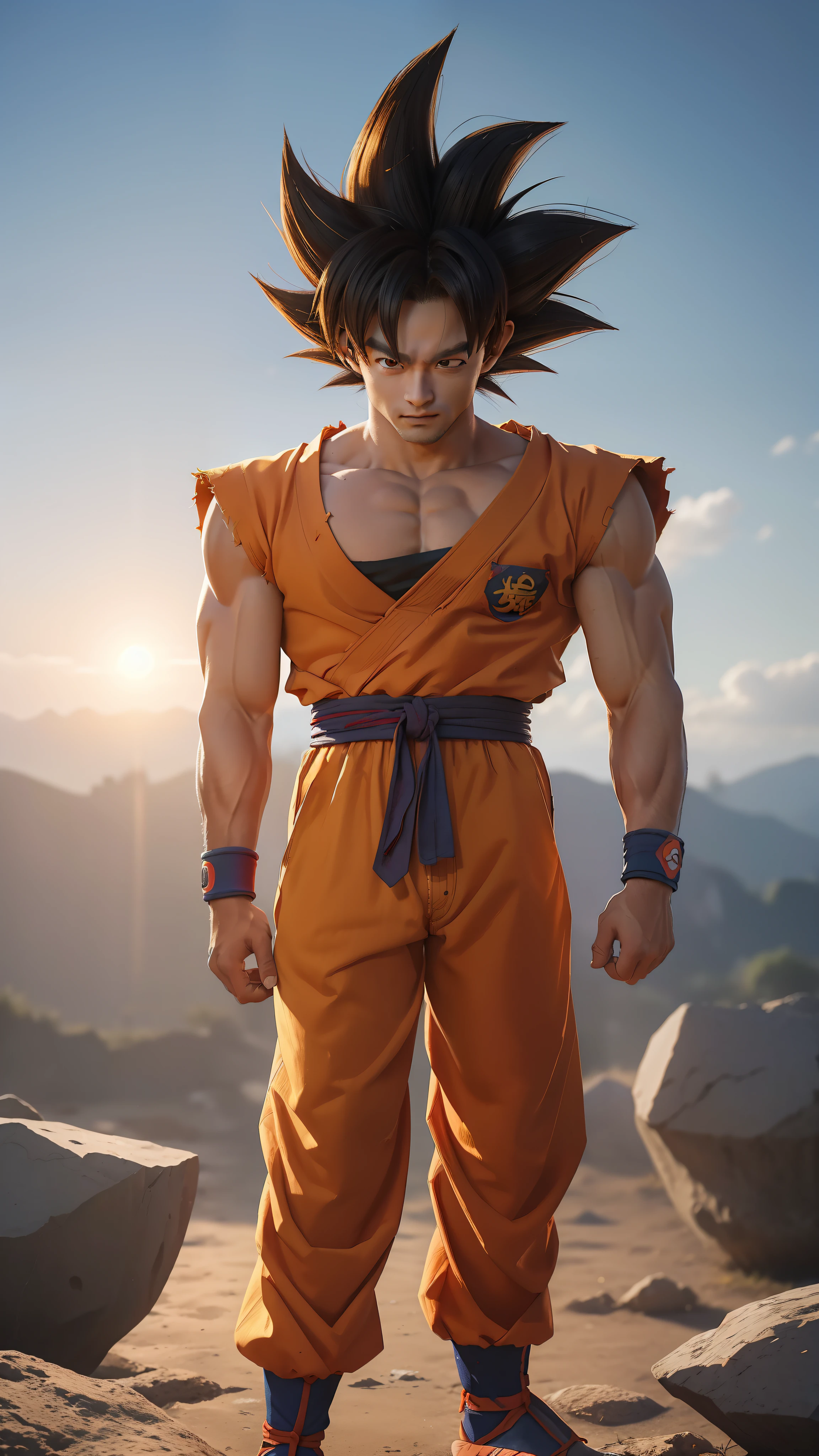 ((masutepiece:1.4, Best Quality)), ((masutepiece, Best Quality,8K)), (photographrealistic:1.4), son_Goku, Sun Wukong, Man's, 1boy, (Base_form), (dragonball z, Dragon Ball Super ,Goku), (spiked hair: 1.5, wristbands), muscular guy, Chest muscles, 年轻, Cool,  (rock ground, Cracked ground, Earth), Upper body: 1.5, Professional Lighting, Hishikar-based rendering