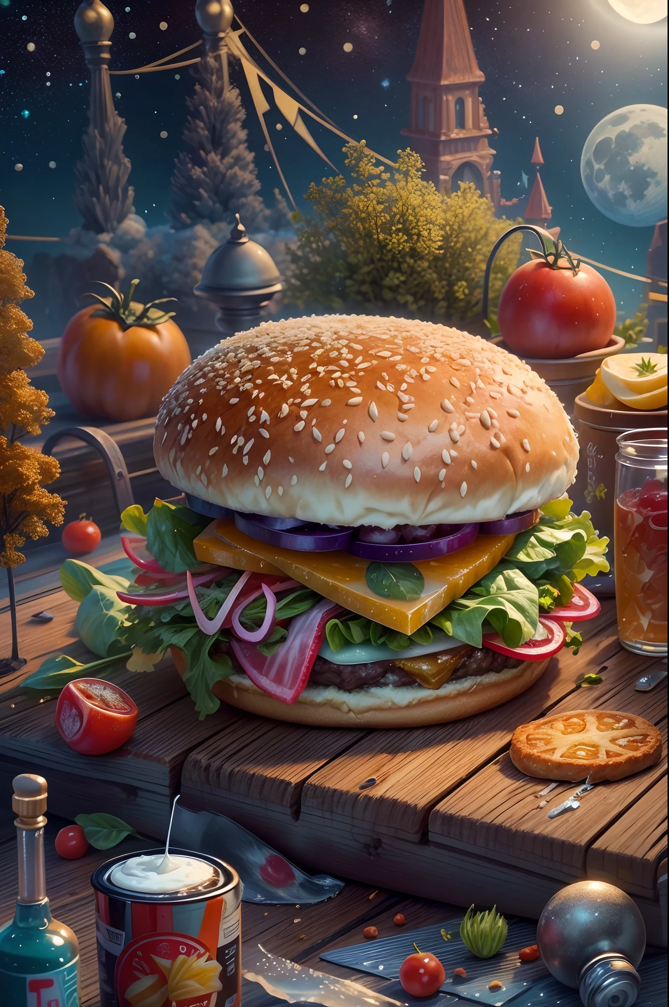 (tmasterpiece),(ultra - detailed:1.3),best qualtiy,(glittery:1.2),(dreamworld:1.4),(Van Gogh-style hamburger: 1.5),(The moon is empty),Delicious super burger,Tomates, lettuce, ketchup, Cheese splashes, Hamburg style, and other decorations, Fantasy world, Cute cartoon design style, the night,Skysky,moon full,NOhumans,vibrant with colors,brightly,1.4x realism,hyper HD,It is displayed in this beautiful scene,(The is very detailed,reasonable design,Clear lines,High- sharpness,tmasterpiece,offcial art,movie light effect,8K)