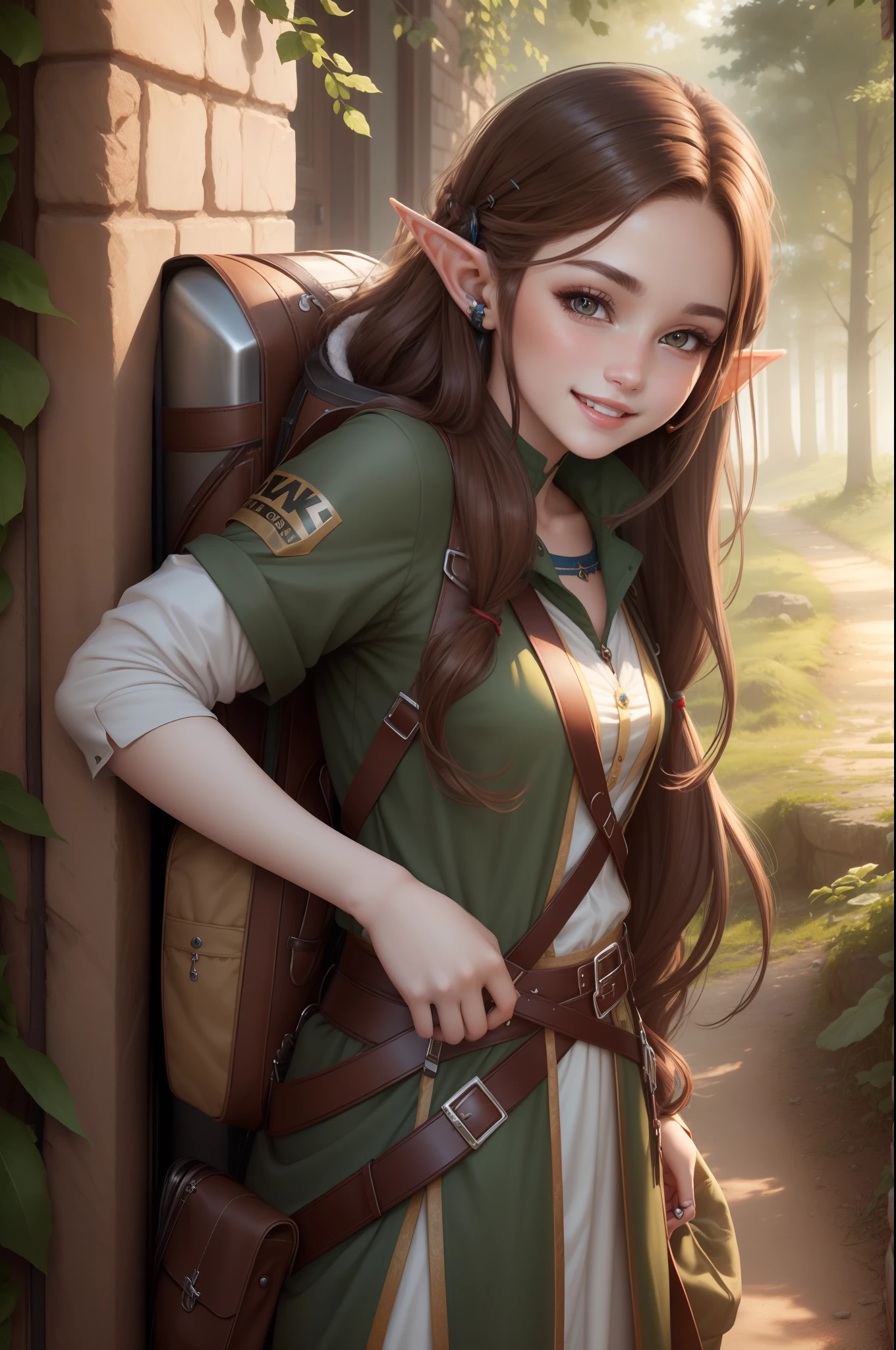 ((best quality))) (((HD))) (((8k))) (character) 20-year-old girl, ((adventurous)) elf, ((beautiful)) and ((happy)), ((brown hair)) and ((long hair)).