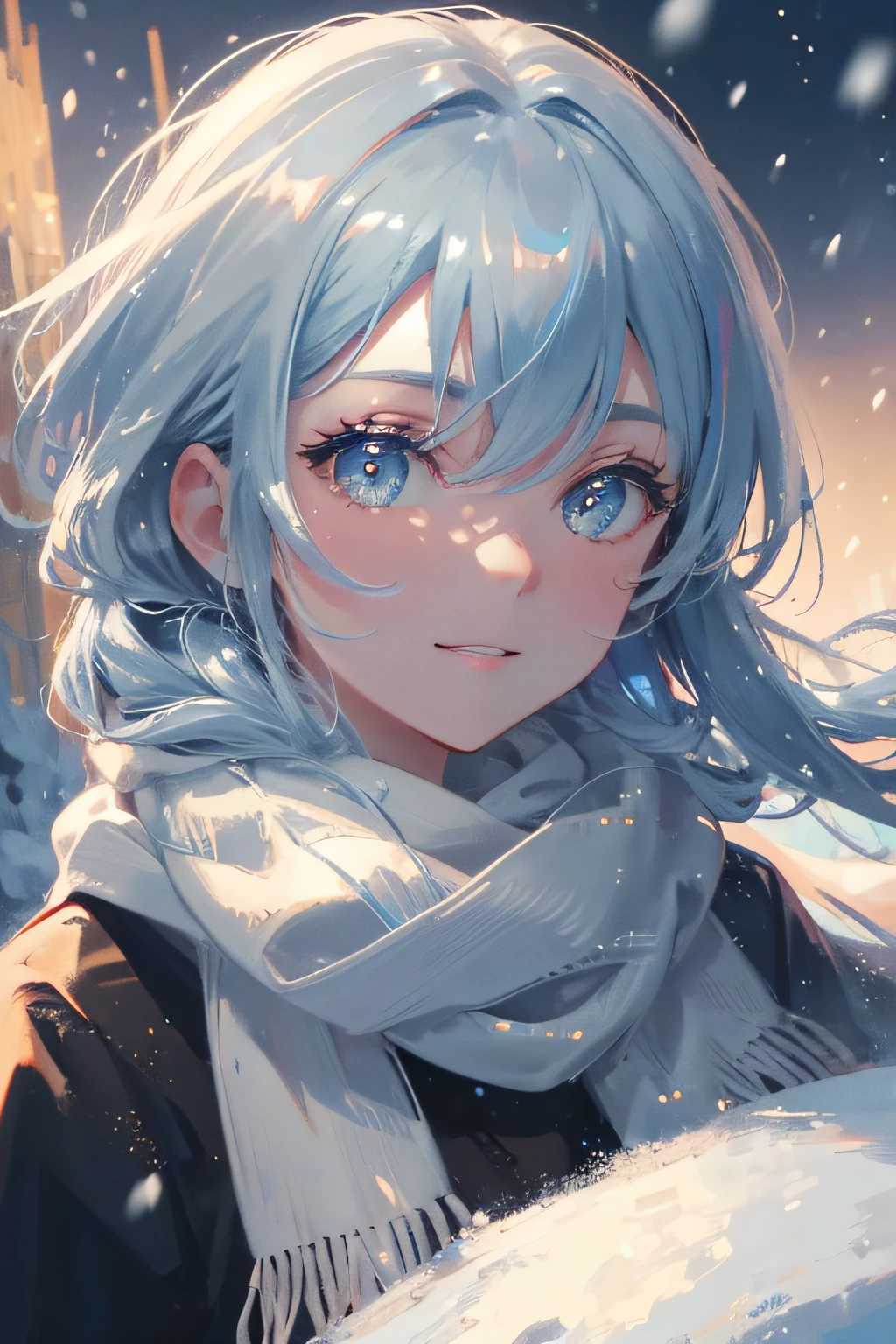 (High quality, 8K), Warm,A detailed face,A detailed eye,(Soft light),Smile, (Winters), snowing, snow, blue hair, Brown eyes, scarf