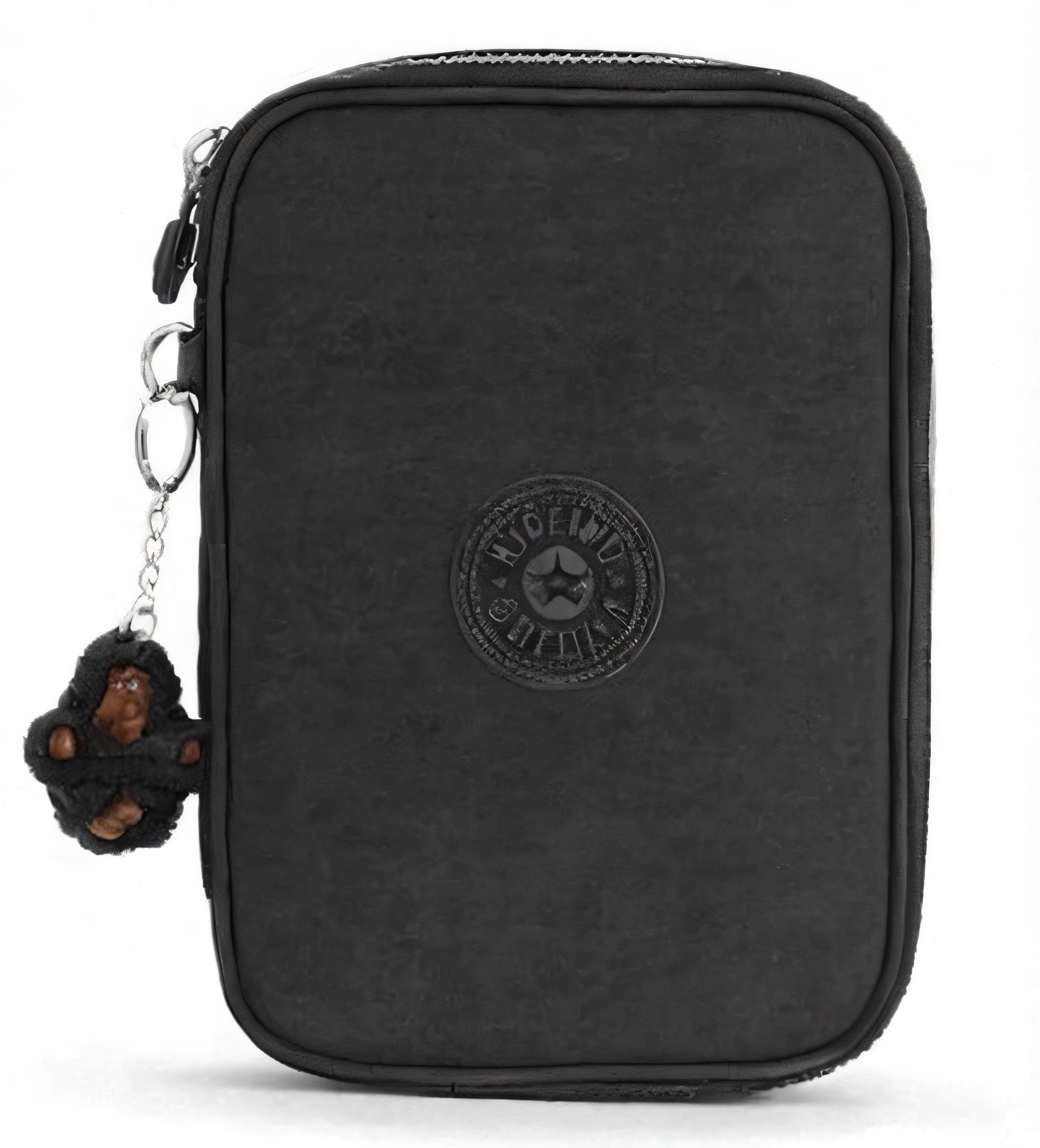 Realistic style, case with hanging keychain, detailed texture, visible details on the keychain, visible zipper, natural shadows, simple background, neutral color palette, realistic art style, Mary Pratt, Chuck Close, Richard Estes