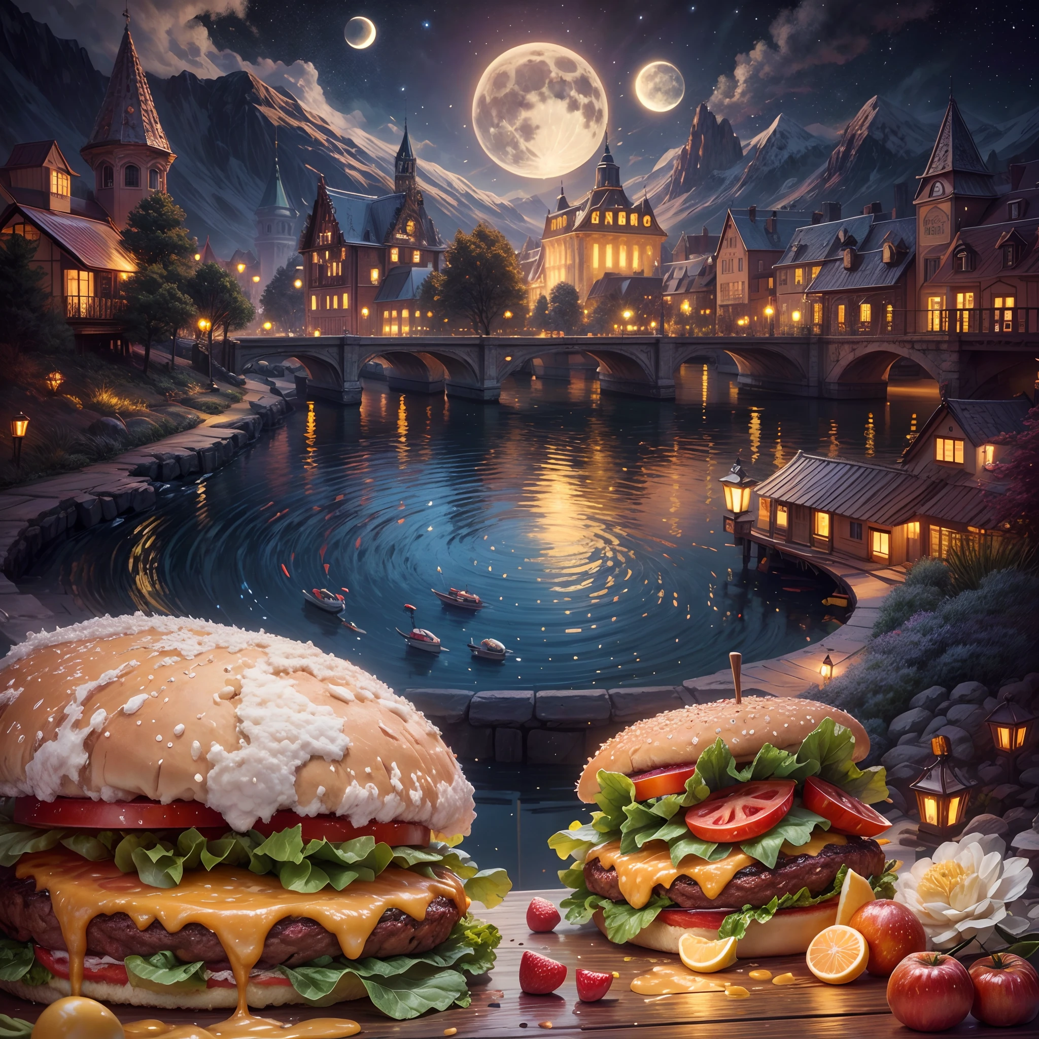 (tmasterpiece),(ultra - detailed:1.3),best qualtiy,(glittery:1.2),(dreamworld:1.4),(Van Gogh-style fruit burger: 1.5),(The moon is empty),Delicious superfruit burger,Tomates, lettuce, ketchup, Cheese splashes, Hamburg style, and other decorations, Fantasy world, Cute cartoon design style, the night,Skysky,moon full,NOhumans,vibrant with colors,brightly,1.4x realism,hyper HD,It is displayed in this beautiful scene,Neon lights,(The is very detailed,reasonable design,Clear lines,High- sharpness,tmasterpiece,offcial art,movie light effect,8K)