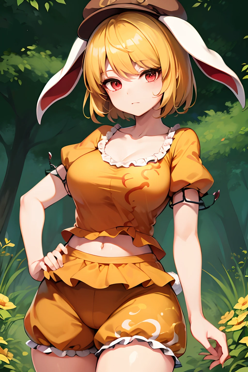 ringo \(touhou\), blonde hair, short hair, cabbie hat, orange shirt, navel, rabbit ears, red eyes, collarbone, frilled dress, yellow shorts, large breasts, detailed face, detailed eyes, detailed hair, ((masterpiece, best quality))