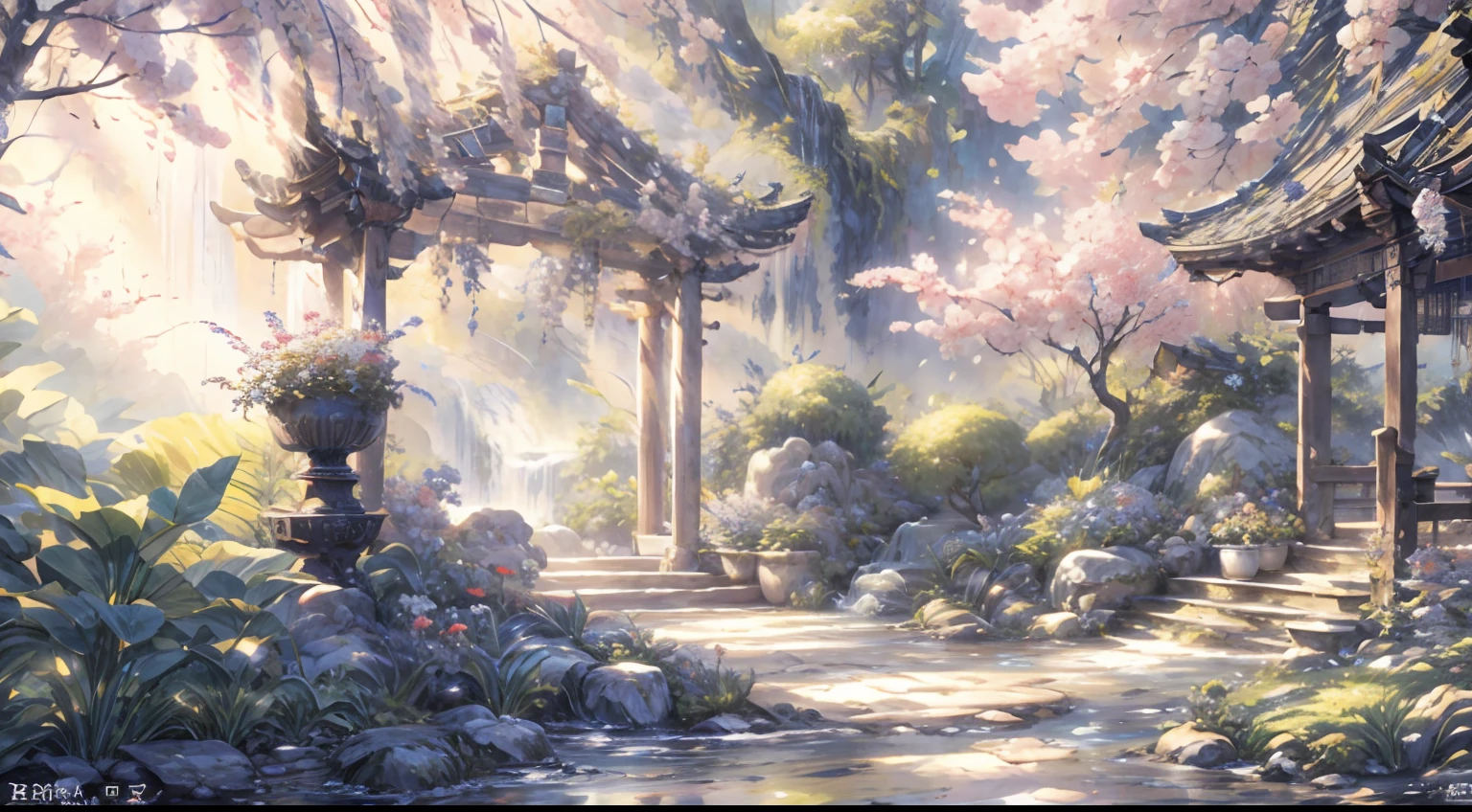 Garden painting with waterfalls and bridges, floral environment, Anime landscape concept art, Anime background art, Magical environment, arte de fundo, landscape artwork, fantasy magical vegetation, fantasy painterly style, whimsical fantasy landscape art, in bloom greenhouse, Beautiful environment, dreamy and detailed, very detailed digital painting, art nouveau jungle environment, the grand temple of flowers，Chinese style elements，an osmanthus tree，