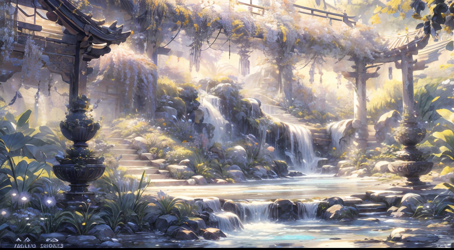 Garden painting with waterfalls and bridges, floral environment, Anime landscape concept art, Anime background art, Magical environment, arte de fundo, landscape artwork, fantasy magical vegetation, fantasy painterly style, whimsical fantasy landscape art, in bloom greenhouse, Beautiful environment, dreamy and detailed, very detailed digital painting, art nouveau jungle environment, the grand temple of flowers,Chinese style elements,an osmanthus tree,