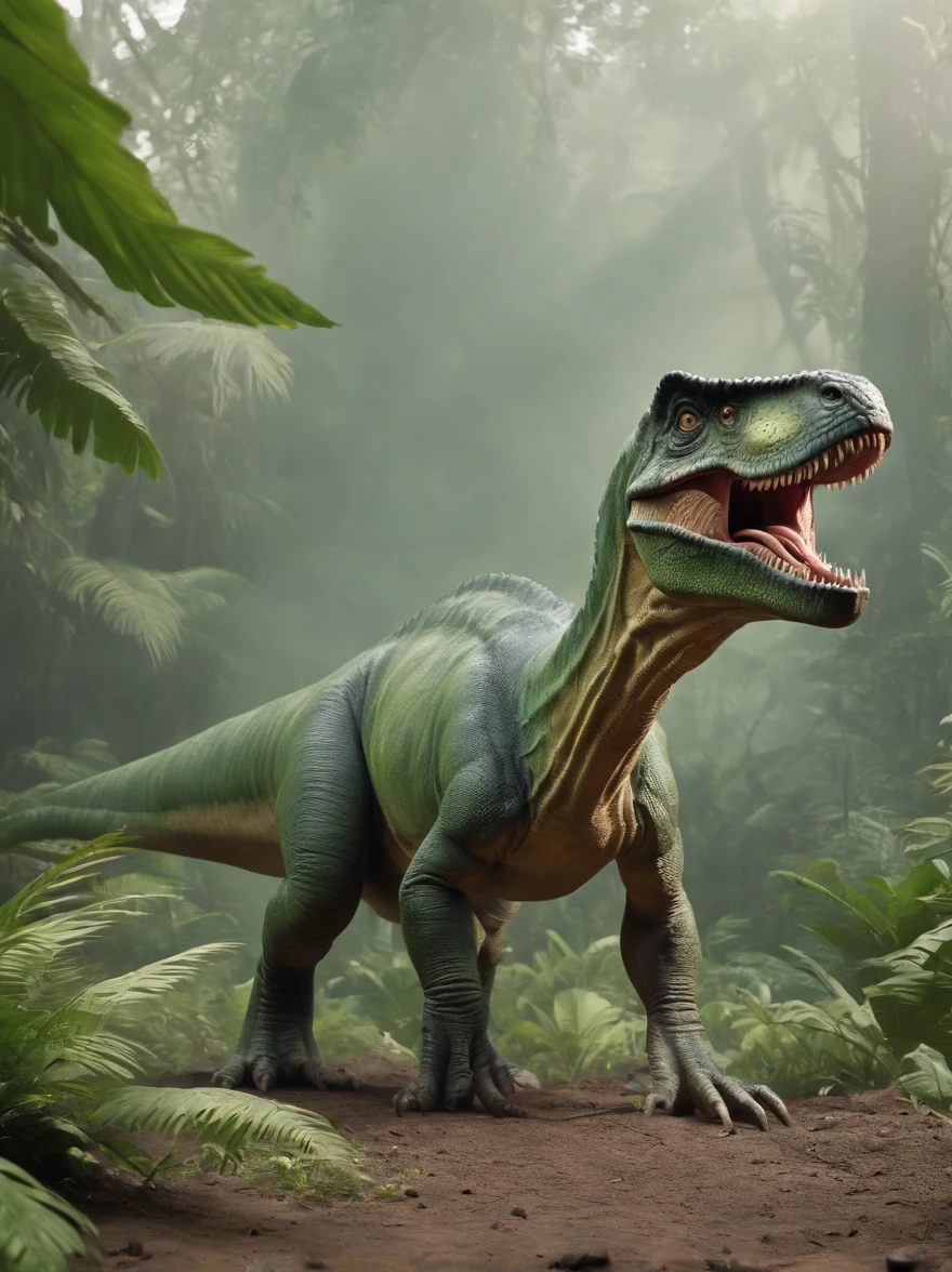 Create a fearsome green-colored tyrant rex dinosaur with crisp scales and fiery eyes, lush jungle backdrop with giant prehistoric plants, an atmosphere shrouded in morning fog, Digital illustration, detailed brush, --ar 16:9 --v 5