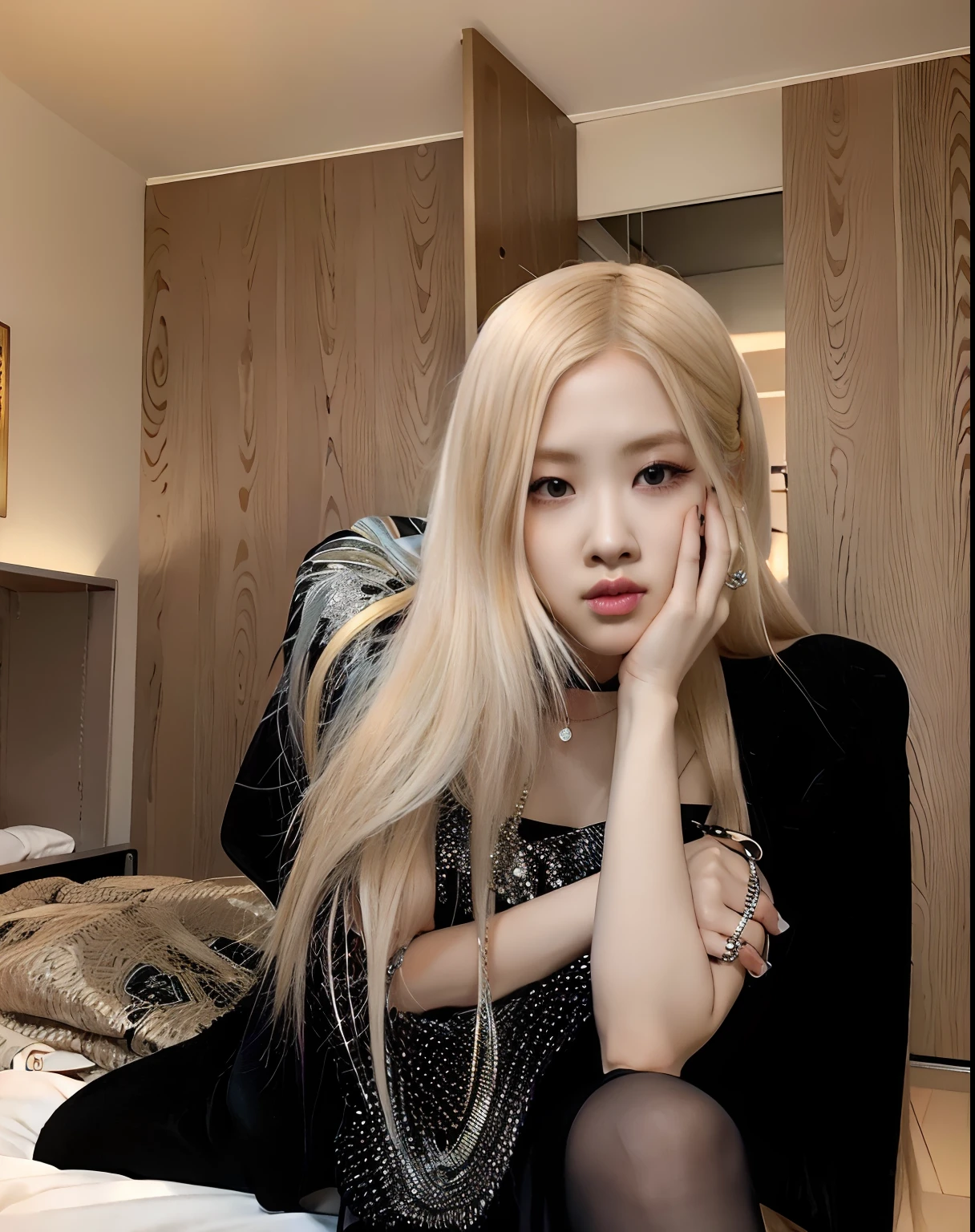 blond woman sitting on a bed with her hand on her face, roseanne park of blackpink, portrait of jossi of blackpink, jossi of blackpink, portrait jisoo blackpink, jisoo from blackpink, jia, jisoo of blackpink, with white long hair, with long white hair, with long blond hair, jinyoung shin, heonhwa choe, with long hair, sha xi