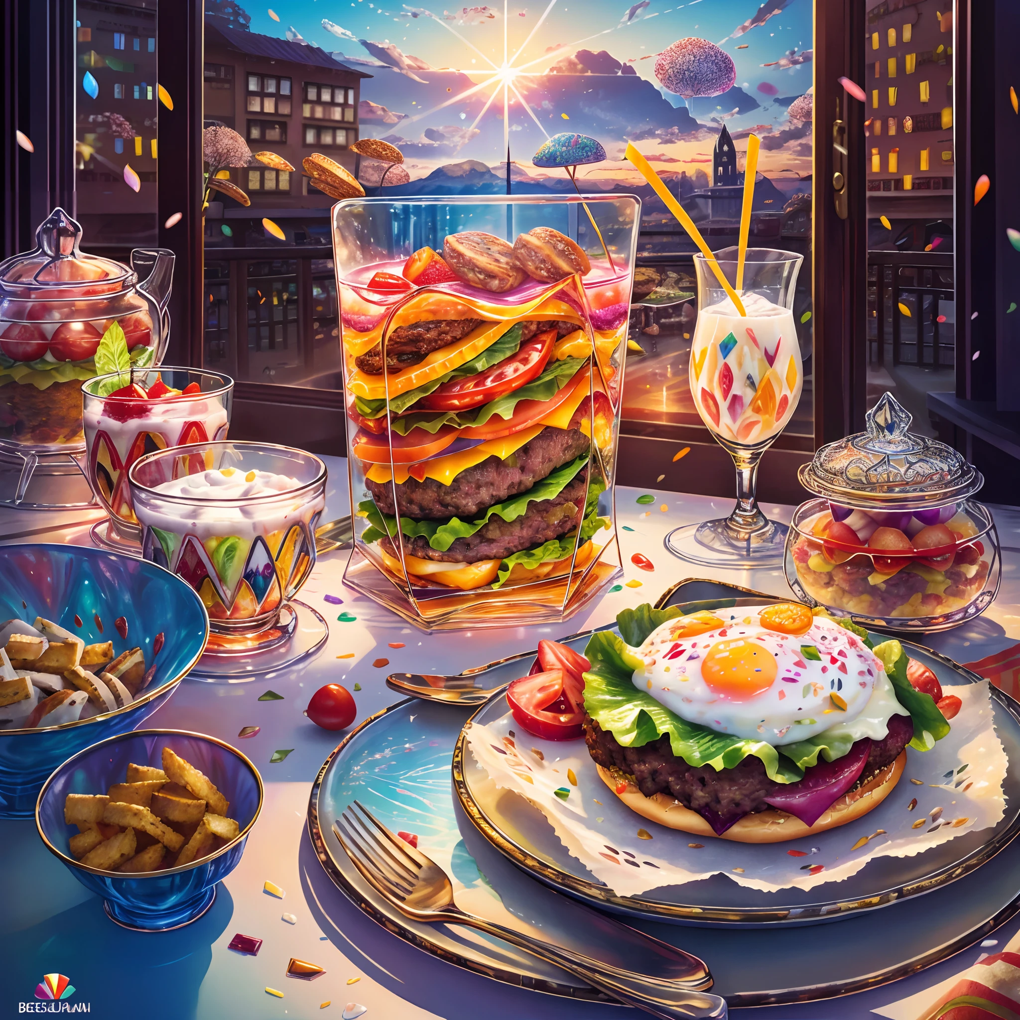 Healthy breakfast, Faceted glass, crystal, Mother-of-pearl shines, Multi-colored highlights, Different lights play, Cereal and berry yogurt, Cocktail World, scenery, landscape, street, depth of fields , ((Blurred background)), Masterpiece, Best quality, Ultra detail, (((Multi-layer burger))) ，stained glass window, Multi-colored spark glare, tmasterpiece, Top quality, experience, gracefulness, bohemian fashion, kinako, utensil, kettle, A cup, plate, crystals, With floral print,1 cup milk yogurt, 1 teaspoon vanilla extract of your choice, Chopped fresh fruits (For example, Tomates, lettuce, ketchup, Egg，beef，Cheese splashes, etc)