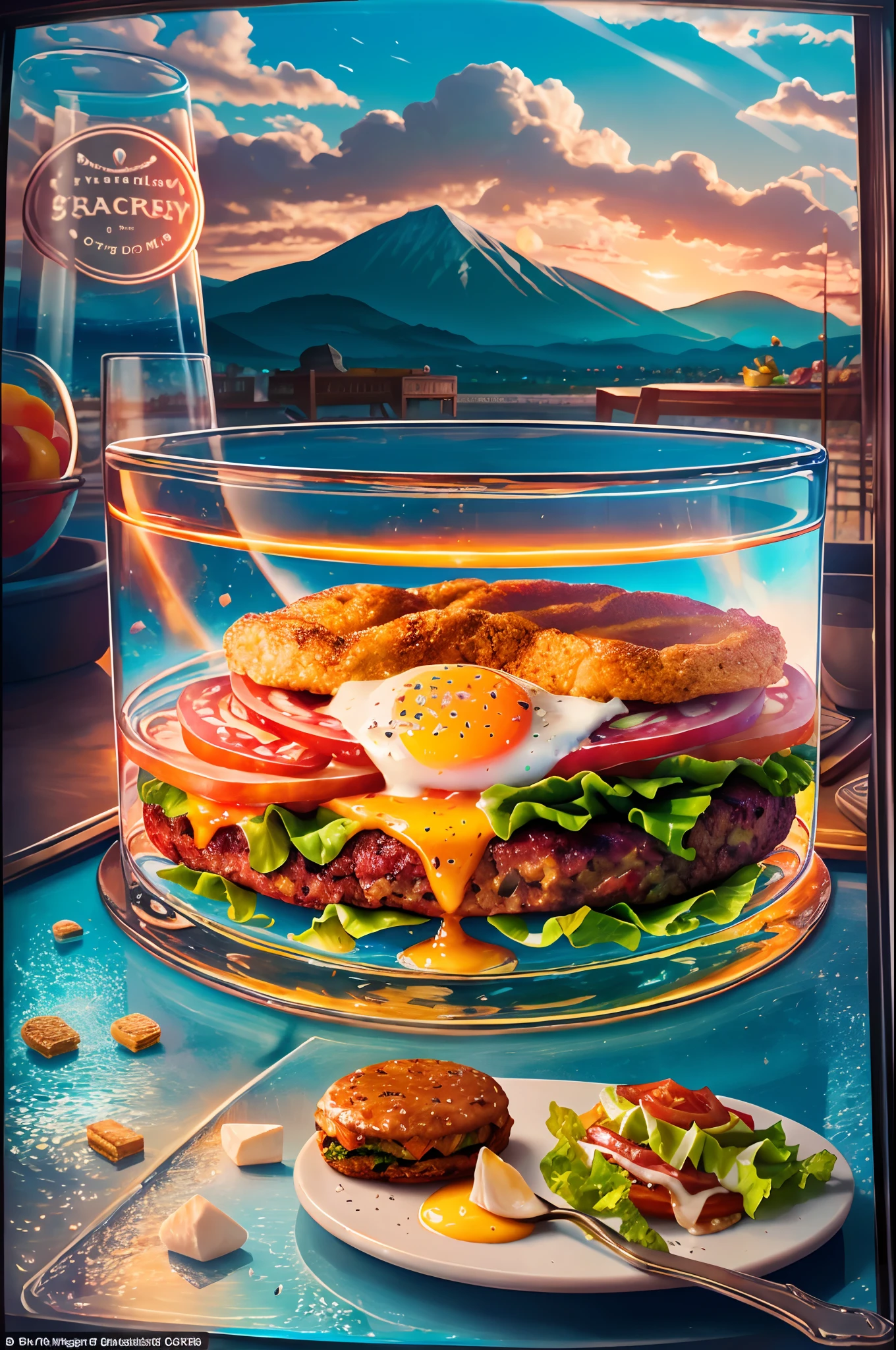 Healthy burger breakfast, Faceted glass, crystal, Mother-of-pearl shines, Multi-colored highlights, Different lights play, Cereal and berry yogurt, Cocktail World, scenery, landscape, street, depth of fields , ((Blurred background)), Masterpiece, Best quality, Ultra detail, (Delicious beef burger: 1.5) ,stained glass window, Multi-colored spark glare, tmasterpiece, Top quality, experience, gracefulness, bohemian fashion, kinako, utensil, kettle, A cup, plate, crystals, With floral print,1 cup milk yogurt, 1 teaspoon vanilla extract of your choice, Chopped fresh fruits (For example, Tomates, lettuce, ketchup, Egg,beef,Cheese splashes, etc)
