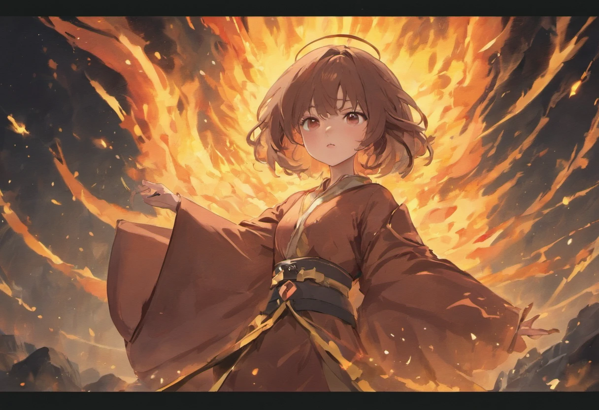 (Best quality, Masterpiece), (1girll, Solo,brown robe, expression face, looks away, Sitting, Wide sleeves, Black eyes, Closed mouth, Ribbon shape Fire on the head, Long hair, Cowboy shot), (monochrome, night sky at cave entrance , light rising from the bottom, inside Cave, Floating a glowing bouquet of white particles, burning fire at hand, floating many small fires),