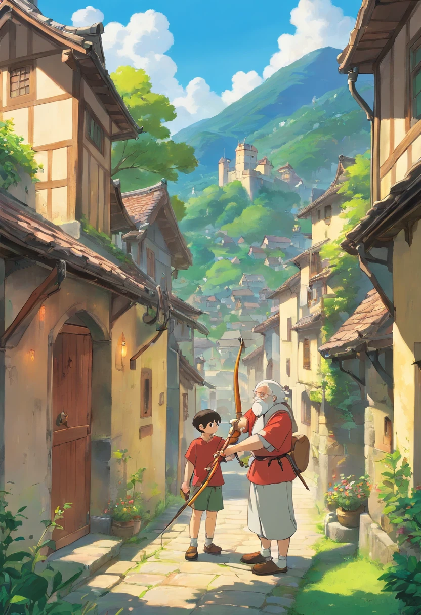 Dad teaches his son archery by hand,The background is the village