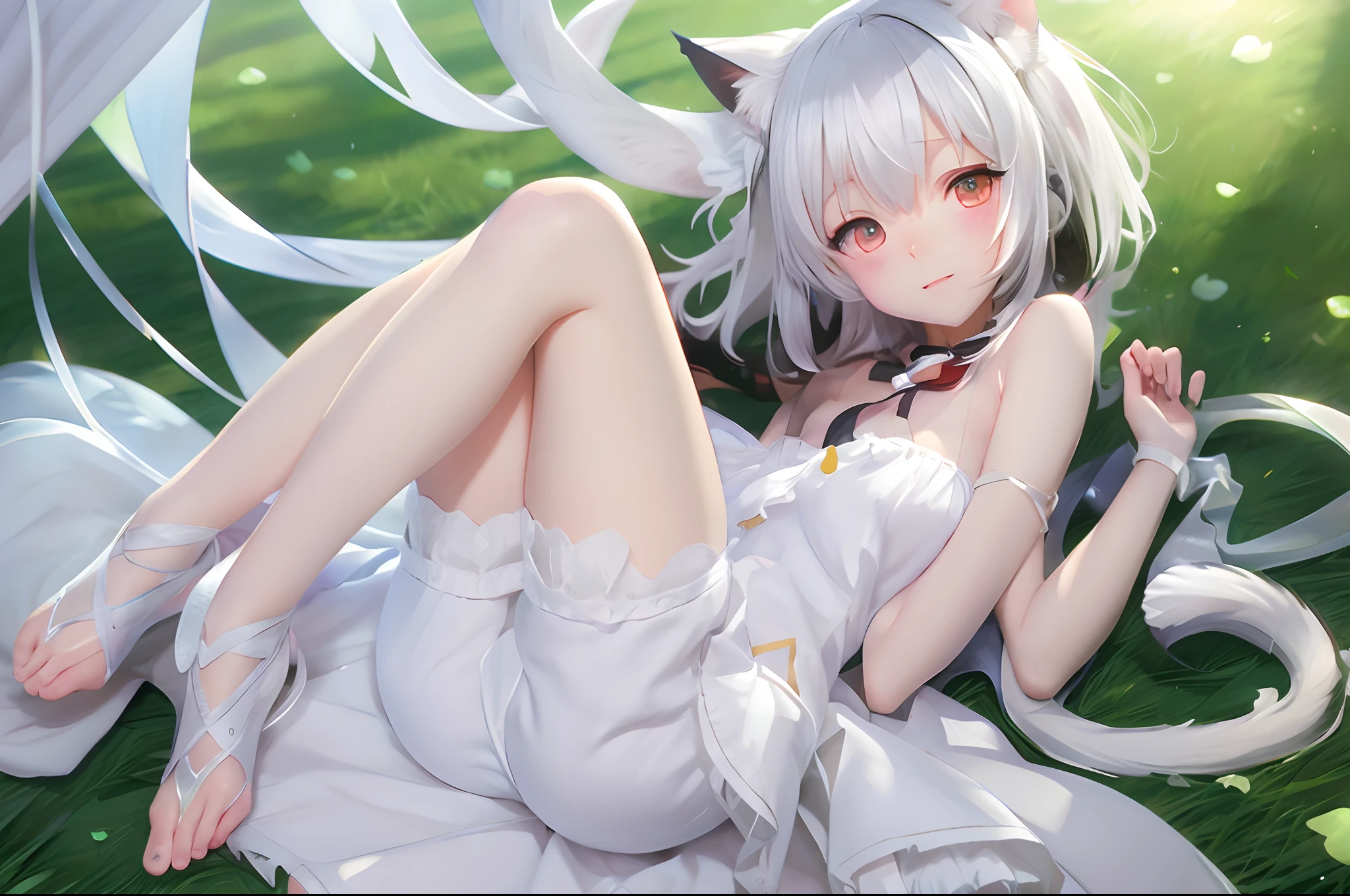 Anime girl lying on grass with legs crossed, White Cat Girl, cute anime catgirl, beautiful anime catgirl, Very Beautiful Anime Cat Girl, Seductive Anime Girl, white - haired fox, attractive cat girl, anime catgirl, white ( Cat ) girl, Anime girl with cat ears, neferpitou, guweiz on pixiv artstation