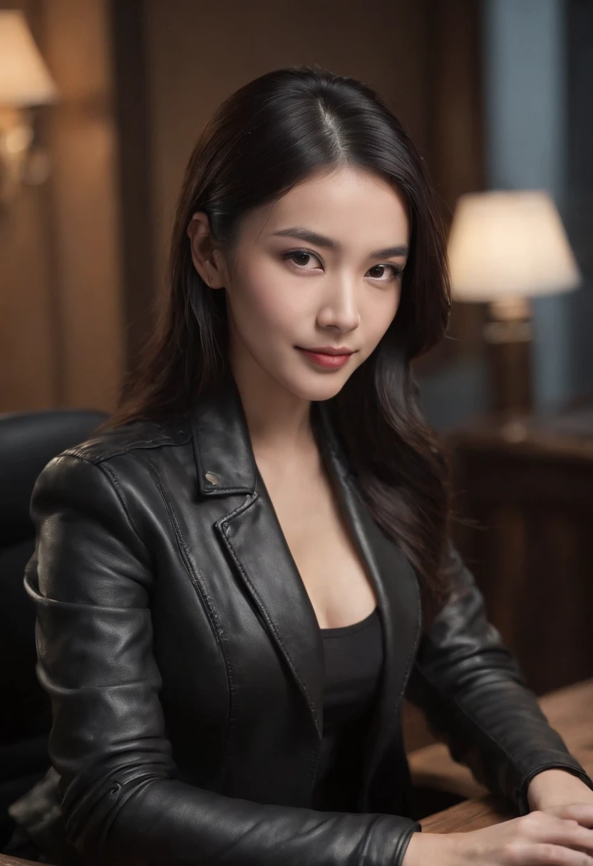 Wearing black leather gloves in both hands, upper body, black leather rider's jacket, facing the desk in the modern study in the dark, looking down, smiling, long, straight black hair, young Japanese woman (black leather gloves covering both hands) Sitting on a chair with the fingers of black leather gloves, working on the computer