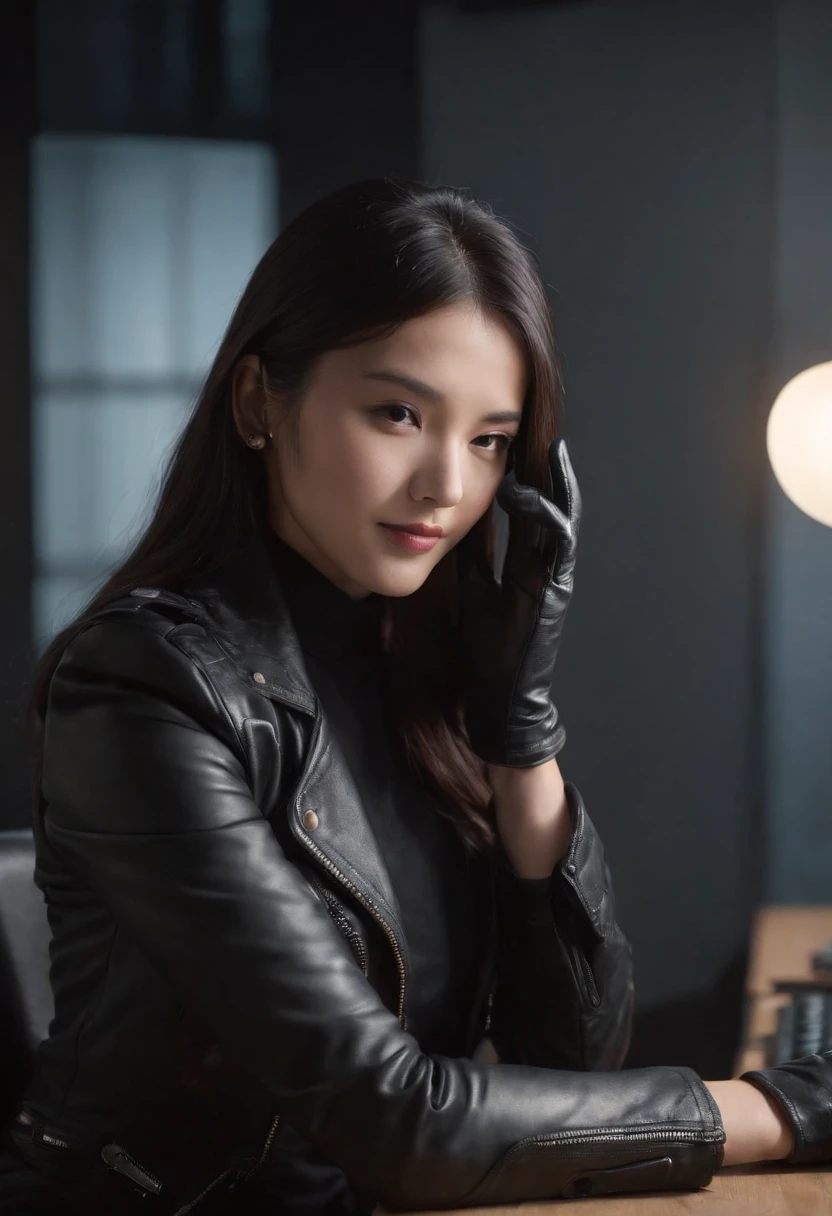 Wearing black leather gloves on both hands, Upper body, Black business suit, Facing the desk in my room with a computer in the dark, Look down and smile, Operating the computer with the fingertips of black leather gloves, Black hair was tied back for a long time, Japan female new employee who is still young and very cute (Black leather gloves cover both hands)
