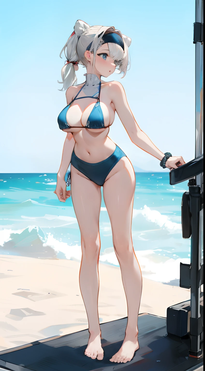 ,cropped shoulders,Bikini swimsuit,High ponytail,Stand up,No shoes on