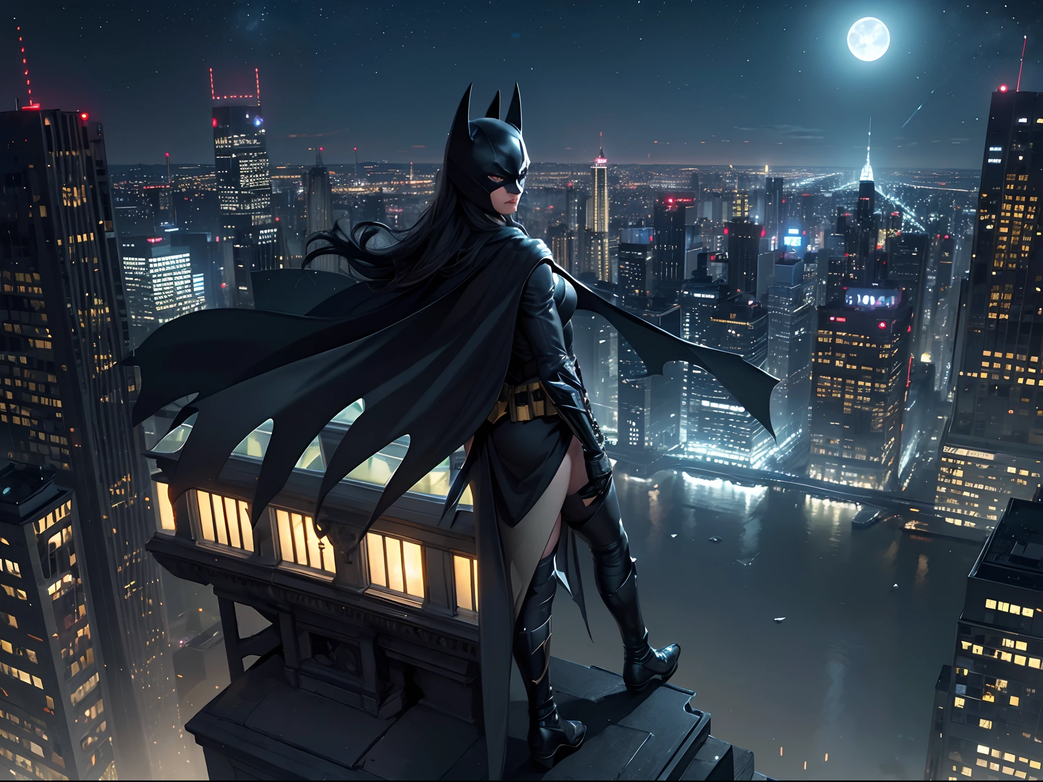 a photorealistic, award winning, picture of batman a top of church rooftop standing near a statue of a woman watching over Gotham at night, (Batman: 1.3), The Dark Knight, The Capped Crusader, wearing his famous armor with  the Batman insignia, (black cape: 1.2), wearing famous (utility belt: 1.1), wearing black boots, watching over Gotham, a modern urban center at night, several skyscrapers, urbanism lights, in colors of yellow, blue and green, a view from a skyscraper rooftop, near batman a statue of woman with scales: 1.1), (Batsignal is lit in the sky: 1.3), batman is shown from the rear and the side, ultra best realistic, best details, best quality, 16k, (ultra detailed: 1.5), masterpiece, best quality, (extremely detailed), ultra wide shot, photorealism, depth of field, hyper realistic