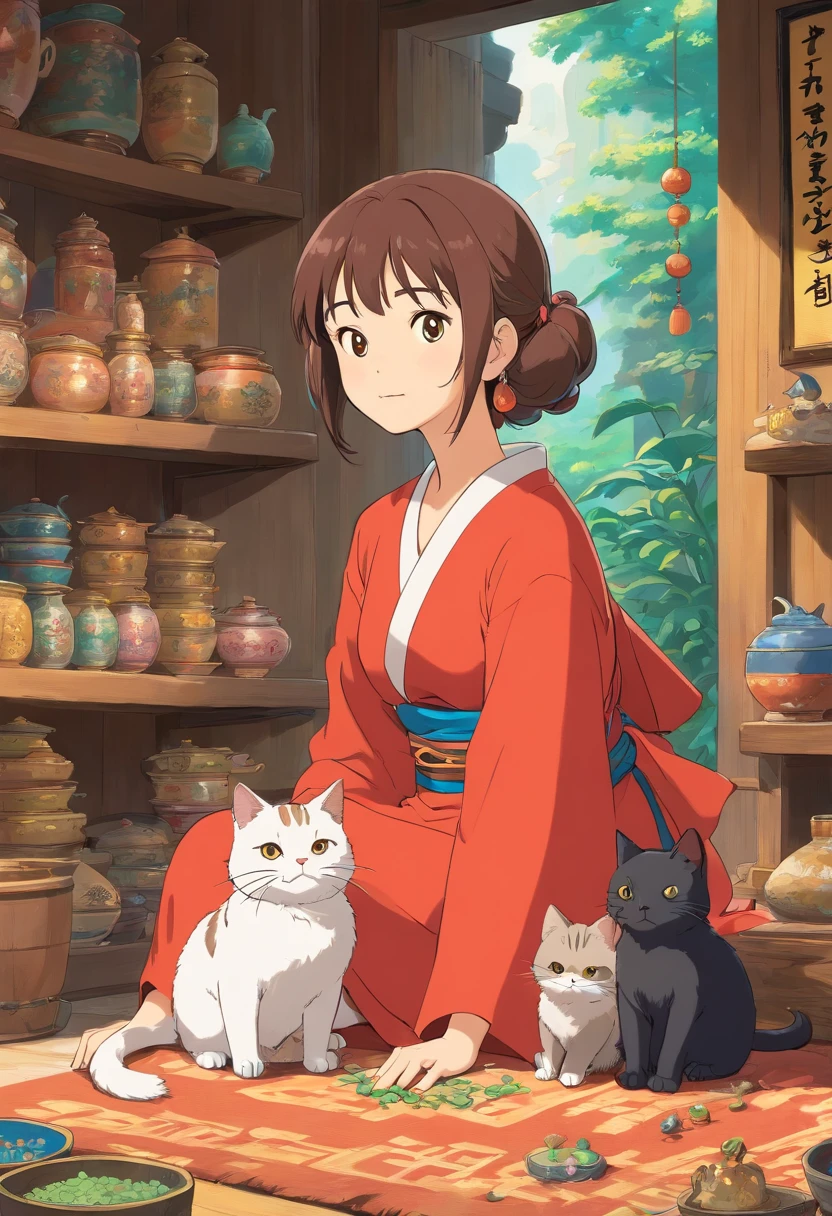 The woman wears Zhuang costume,There is a cat litter next to it(The bird lies in the cat's den)