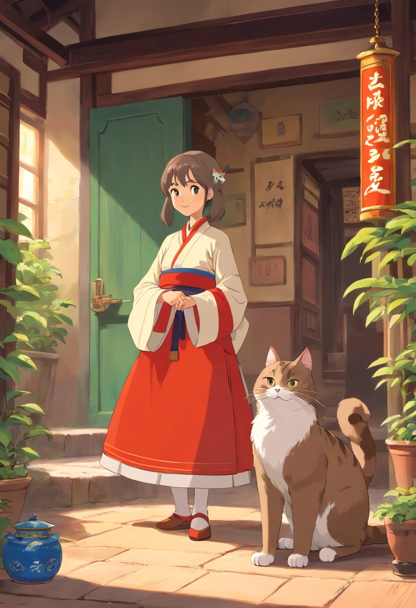 The woman wears Zhuang costume,There is a cat litter next to it(The bird lies in the cat's den)