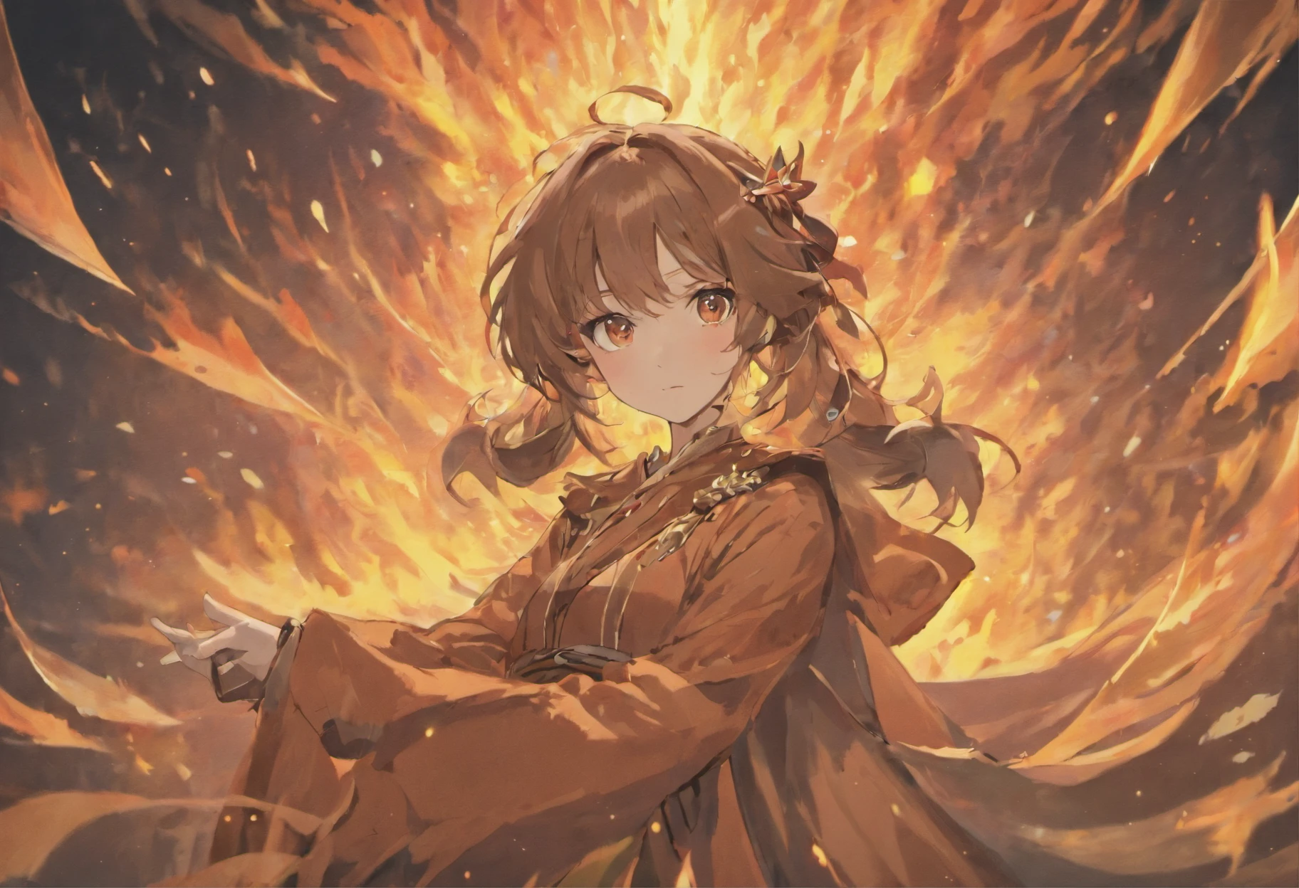 (Best quality, Masterpiece),  (1girll, Solo,brown robe, expression face, looks away, Sitting, Wide sleeves, Black eyes, Closed mouth, Ribbon shape Fire on the head, Long hair, Cowboy shot), (monochrome, night sky at cave entrance , light rising from the bottom, inside Cave, Floating a glowing bouquet of white particles, burning fire at hand, floating many small fires),