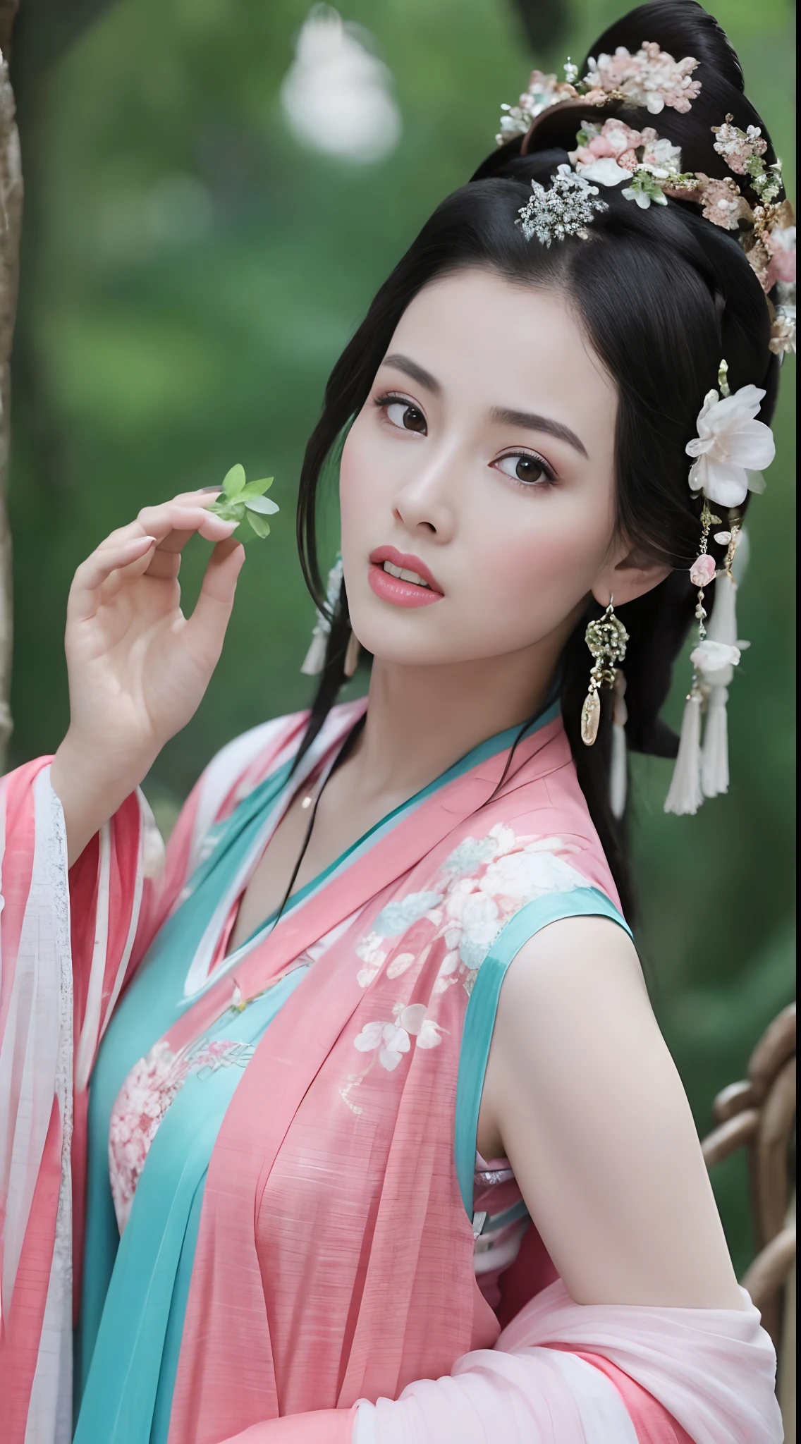 Fashion model 18 years old [[[[closeup cleavage]]]], [[[[boobgasm]]]], [[[[coll]]]], [[[[bshoulders]]]], perfect  eyes, Perfect iris，Perfect lips，perfect teeth，Perfect skin，with fair skin，hdr，Movie girl，Pink ancient Chinese clothing，A delicate face，The background is an ancient Chinese interior，Outside the window is a mountain of green trees，fresh flowers，4K Ultra HD, 超高分辨率, (Photorealistic: 1.4), Best quality，Masterpiece，（pastel colour：1.2）