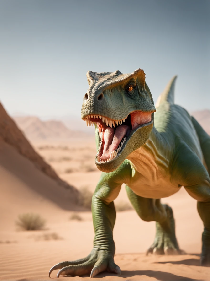 Imagine a ferocious green tyrant rex dinosaur in a desert environment, with gaping jaws and sharp fangs, a relentless sun shimmering in the sky, heat reflecting off the dinosaur's scaly skin, Realistic photography, 24mm wide angle lens, --ar 16 :9 --v 5