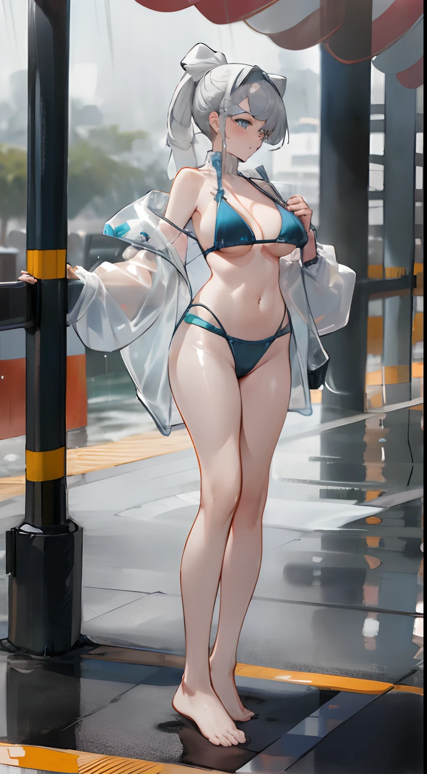 Bigboobs,cropped shoulders,Bikini swimsuit,High ponytail,Stand up,No shoes on,see-through raincoat