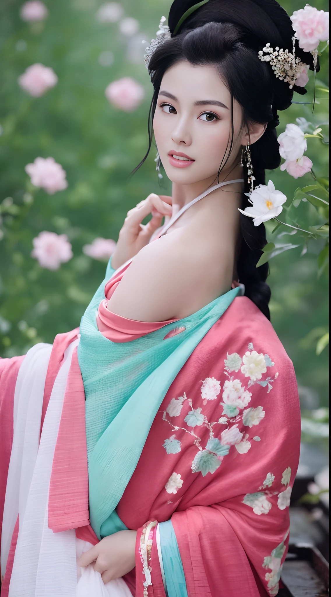 Fashion model 18 years old [[[[closeup cleavage]]]], [[[[boobgasm]]]], [[[[coll]]]], [[[[bshoulders]]]], perfect  eyes, Perfect iris，Perfect lips，perfect teeth，Perfect skin，with fair skin，hdr，Movie girl，Pink ancient Chinese clothing，A delicate face，The background is an ancient Chinese interior，Outside the window is a mountain of green trees，fresh flowers，4K Ultra HD, 超高分辨率, (Photorealistic: 1.4), Best quality，Masterpiece，（pastel colour：1.2）