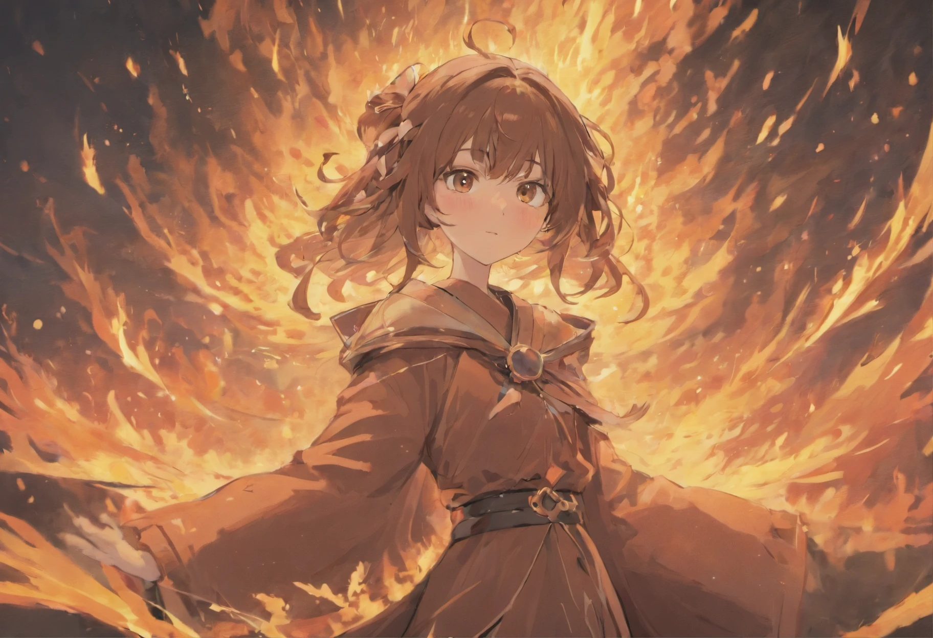 (Best quality, Masterpiece), (1girll, Solo,brown robe, expression face, looks away, Sitting, Wide sleeves, Black eyes, Closed mouth, Ribbon shape Fire on the head, Long hair, Cowboy shot), (monochrome, night sky at cave entrance , light rising from the bottom, inside Cave, Floating a glowing bouquet of white particles, burning fire at hand, floating many small fires),