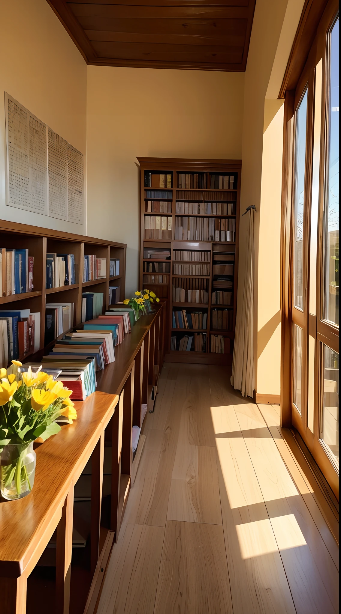 Quiet room,A lot of books,rays of sunshine,School flowers