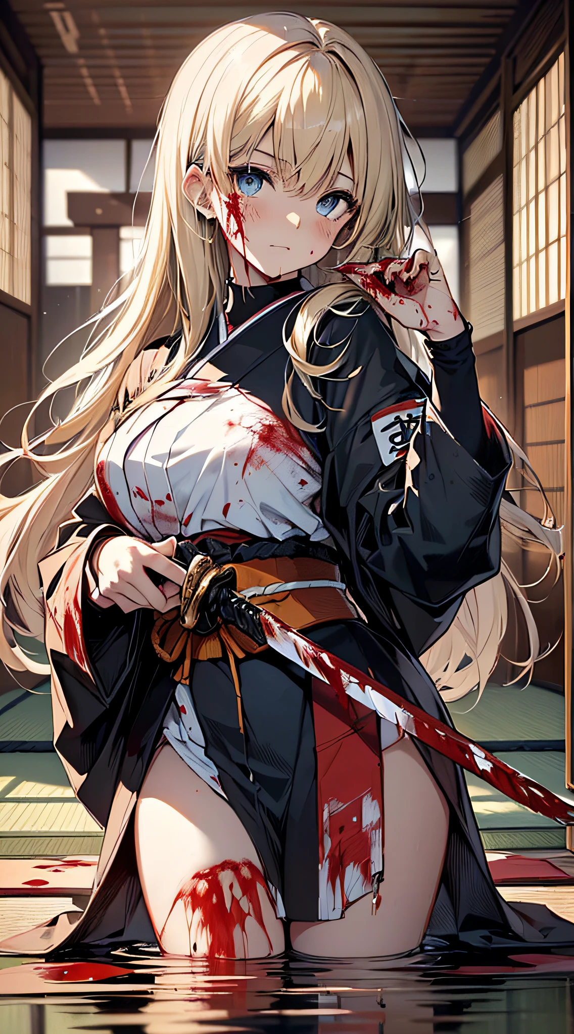 top-quality、Top image quality、​masterpiece、girl with((cute little、18year old、Best Bust、Medium bust、Bust 85,Beautiful blue eyes、Breasts wide open,Valley、Blonde long hair、A slender、disheveled black ninja uniform、He holds a sword in his right hand Japan、black and white color scheme、systemic return blood、Reflecting the whole body、Supine)）hiquality、Beautiful Art、Background with((Japanese-style room、The screen is covered in blood、Bloody tatami mats、Bloody fusuma、Shoji with blood)),masutepiece、Elaborate design、visualart、depth of fields、The best lighting、highestdetailed、8ｋ,、Art of Kurosawa World