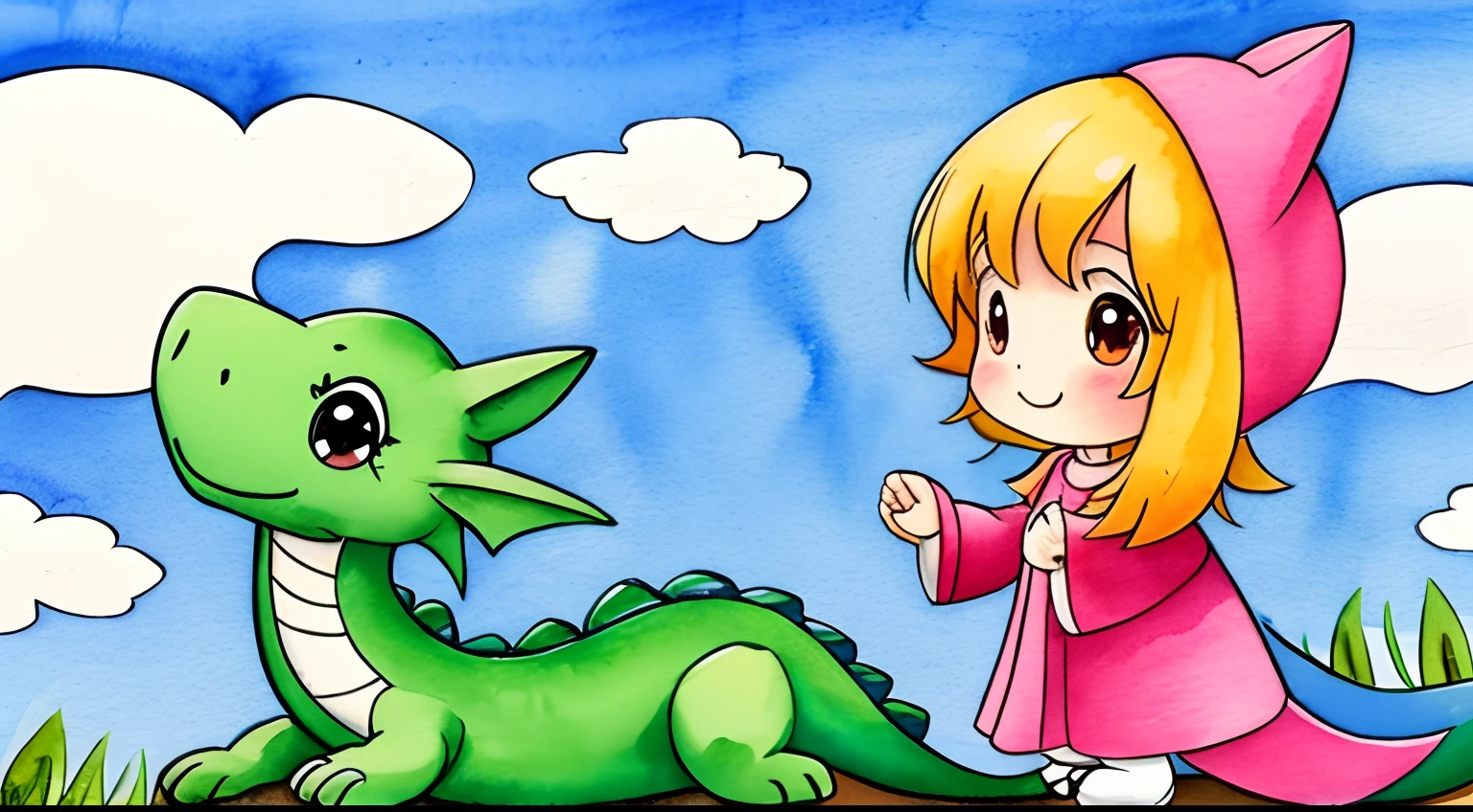 1 cute little dragon, 1 , cartoony, watercolour, whitebackground
