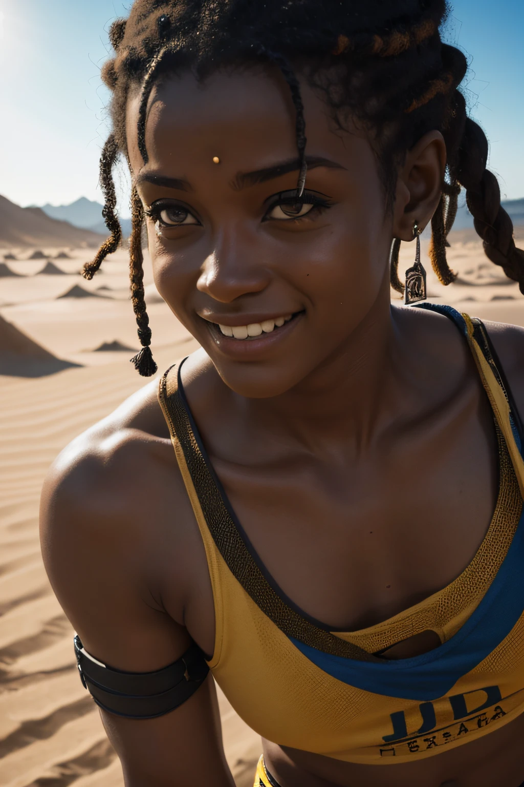 Foto RAW, post apocalyptic, foto de retrato em close-up de um homem com um sorriso maligno, em sujo, roupas esfarrapadas, Couro, rough skin, olhos que viram demais, desgastado da batalha, uma paisagem de deserto em chamas, Tempestades de poeira, um sol escaldante, cor intensa, (pele altamente detalhada: 1.2), 8k UHD, DSLR, soft lighting, alta qualidade, filmic grain, Fujifilm XT3