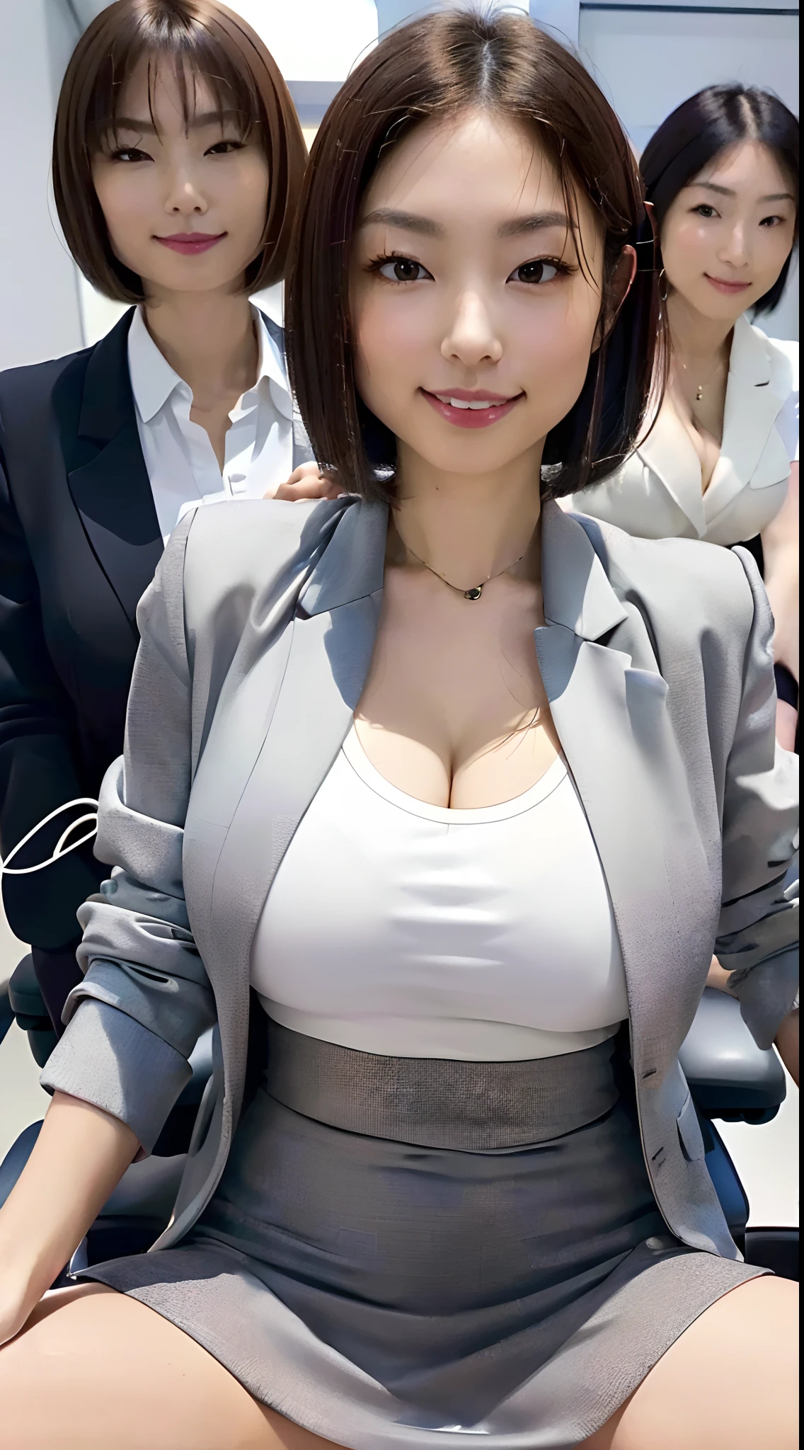 (8K, Best Quality, masutepiece, Realistic, ultra-detailliert:1.3), (2girls, Cute Japan politician and secretary), (clothes shiny, Suit jacket, tight miniskirt:1.3), Smile, (Big breasts, cleavage, Perfect body:1.3), (Naked:1.4), Bangs, Necklace, Navel, (Outdoors), (Large crowds:1.2), Beautiful legs, Black hair,