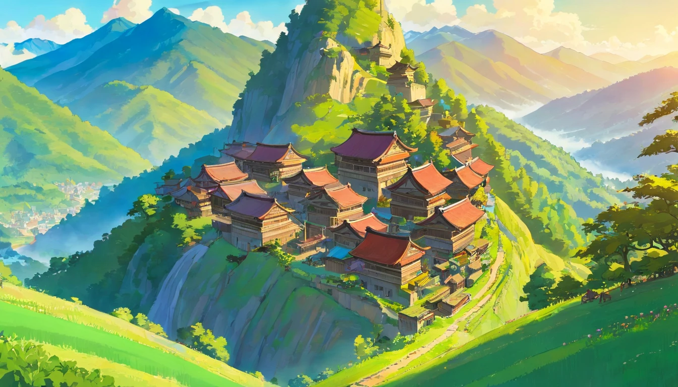 A group of villagers,5 males,5 women,Wear national costumes,Hard work,Faraway view,Longjing ladder sky,In the fields layer by layer,Carry the back basket,ln the forest,house,farm land, In Zhuang villages, Surrounded by mountains, Under a blue sky, The forest houses are decorated with colorful flags.