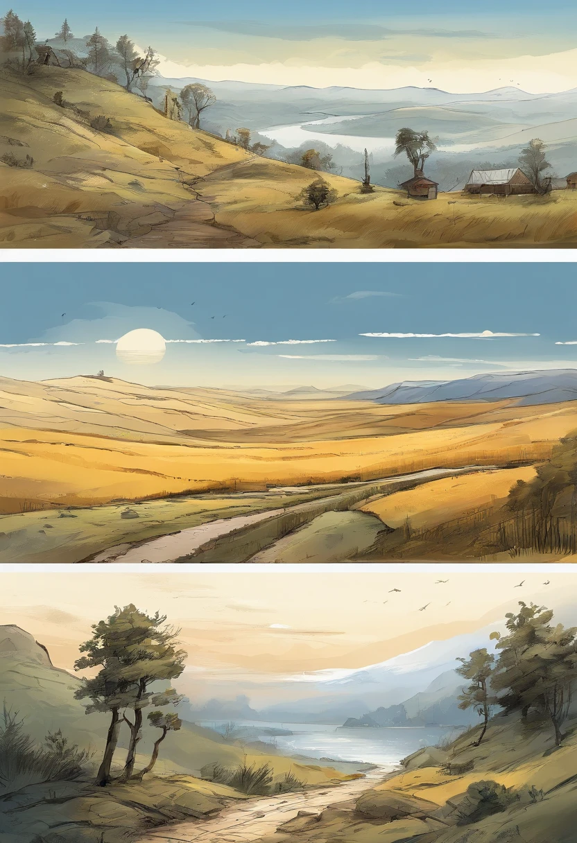 comic strip，Two-dimensional picture，Manhwa Style，Makoto Shinkai animation style，Makoto Shinkai animation film art style，Ultra-wide angle of view，China-style，Ancient road west wind thin horse，Faraway view，Vivid and bright colors，super-fine，ultra - detailed，high qulity，Multiple characters