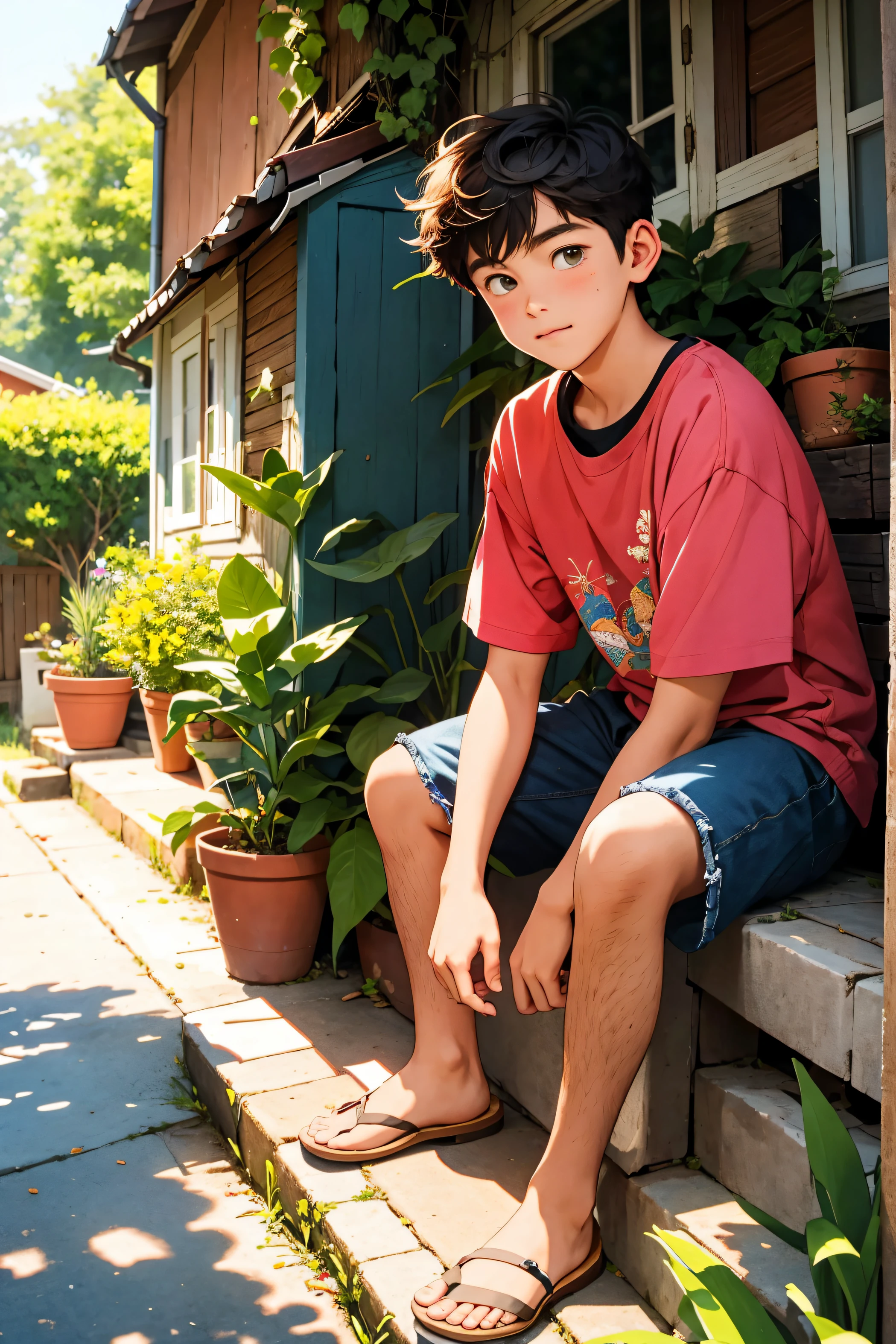 a young 15 y.o boy sitting on the step in front of their house, afternoon scene,curious exploration, natural surrounding,intricate details,,vibrant colors, peaceful tranquility,