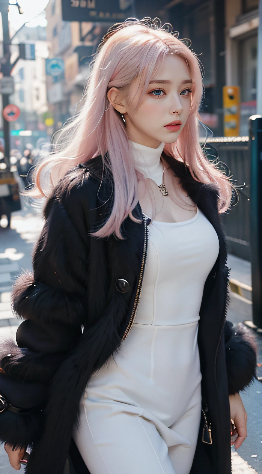 photorealistic, high resolution, 1women, shining skin, solo, jewelry, pink lips, long white hair, blue eyes, closed mouth, hips up, black fur coat,