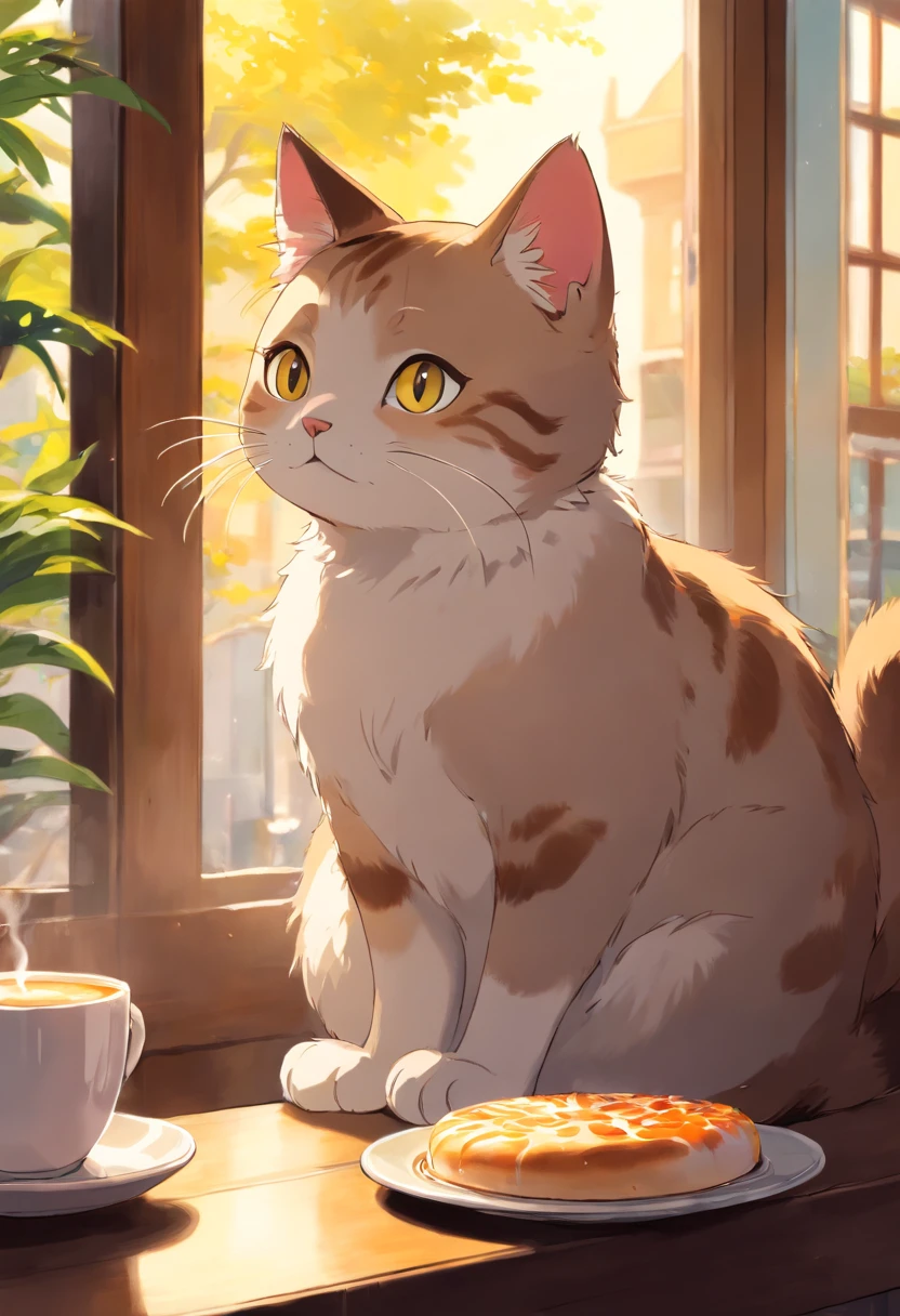 A cute cat with round eyes, At the coffee shop , Sunlight outside the window.