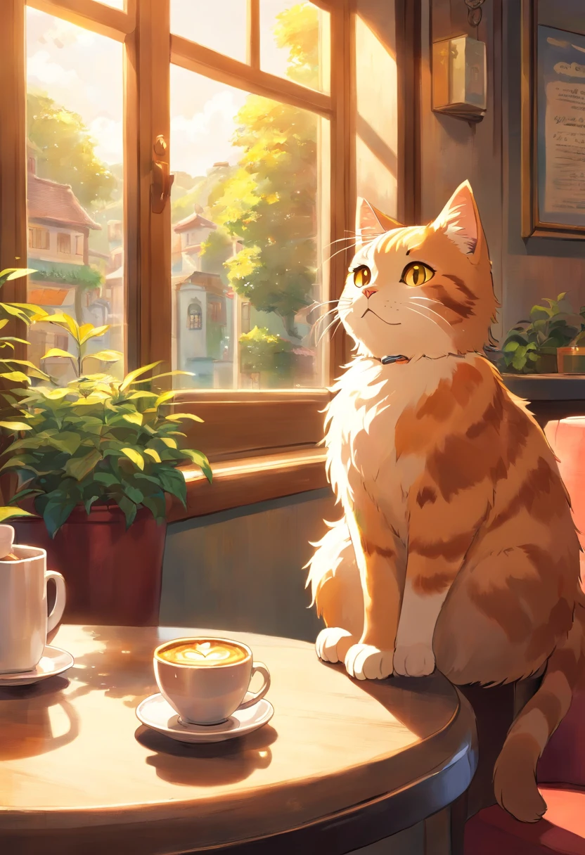 A cute cat with round eyes, At the coffee shop , Sunlight outside the window.