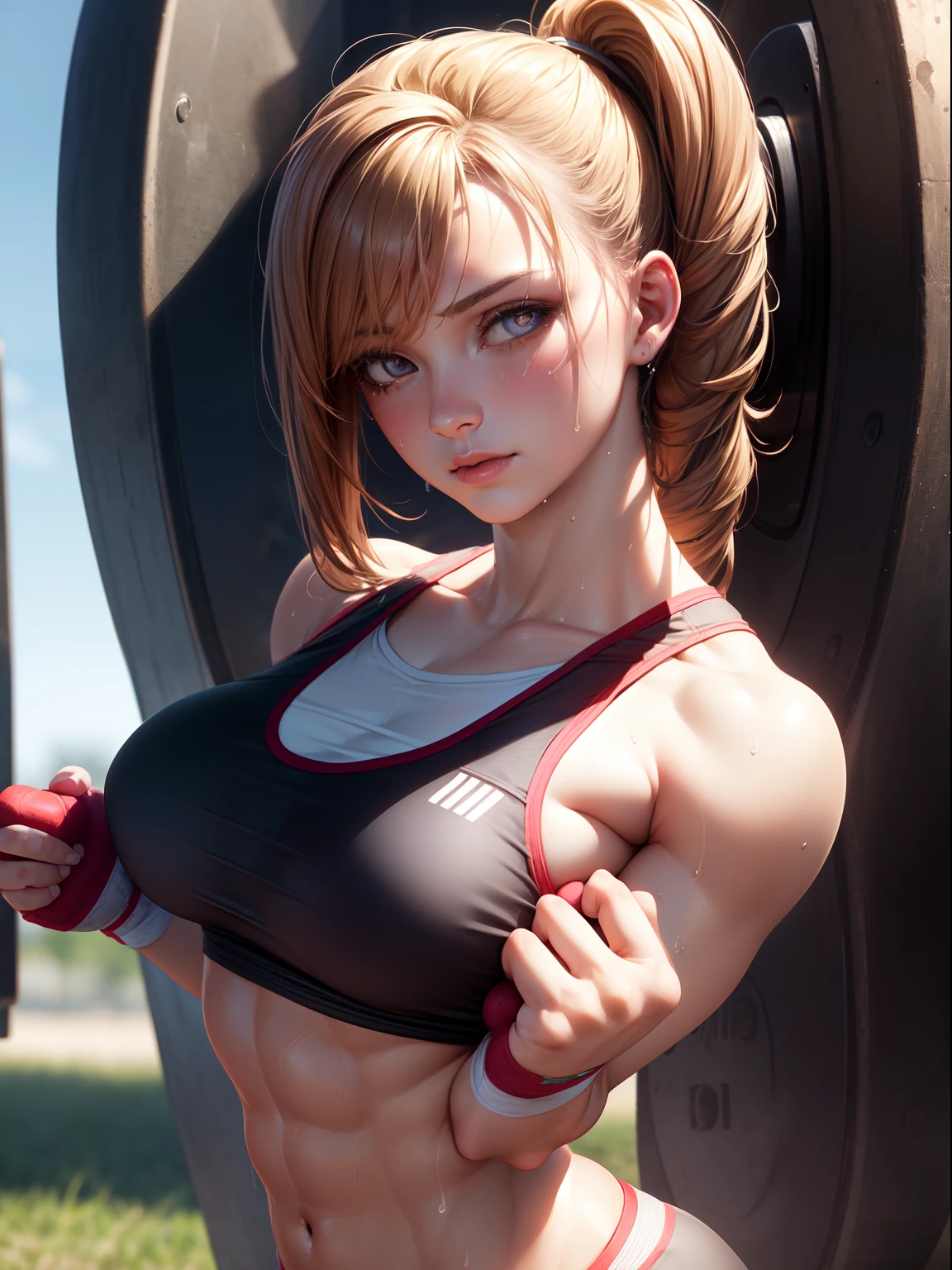 Best Quality, masutepiece,  High resolution, (Photorealistic:1.4), Raw photo, 1 beautiful girl ,Women's weightlifters, small head,Large breasts,Training　Abs,nice legs, Glowing skin, Sweat,In the field of weightlifting,(Detailed beautiful face:1.4),detailed skins,Detailed eyes,detailed hairs,Cool,Beautiful,