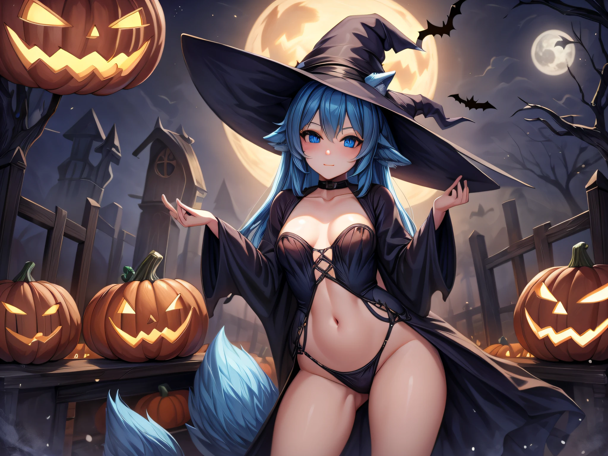 (Masterpiece) (High Detail) (High Res) A short humanoid girl with pale human skin and blue eyes and long blue hair and blue dog ears and a big fluffy dog tail and small breasts is dressed as a witch for Halloween with a big witch's hat, black robes and around her is decorated with pumpkins, bats and spiders.