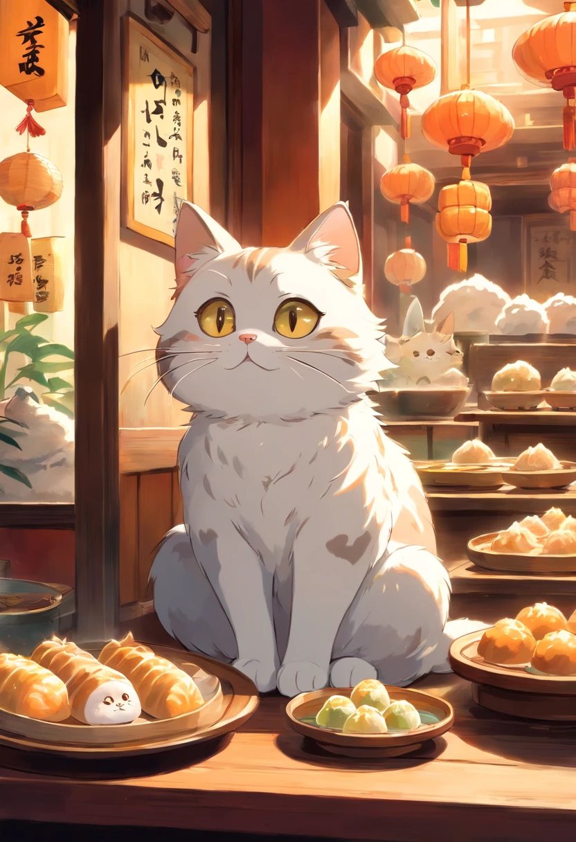 A cute cat with round eyes, At the dim sum shop , Sunlight outside the window.