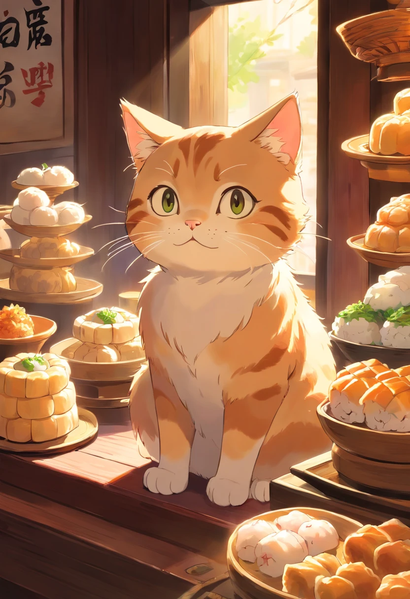 A cute cat with round eyes, At the dim sum shop , Sunlight outside the window.